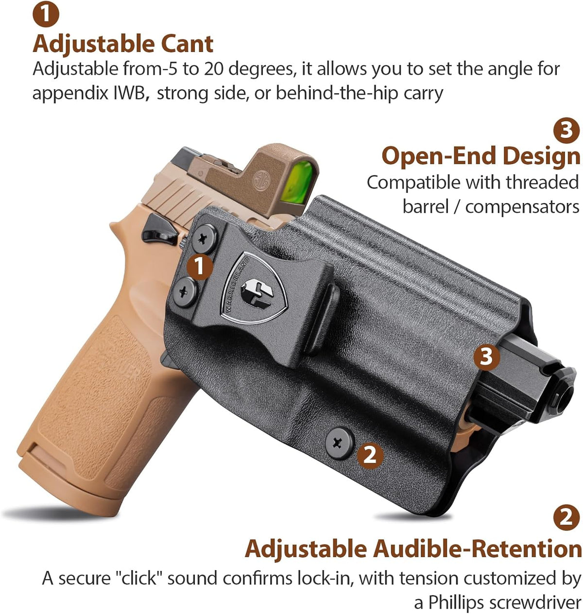 WARRIORLAND Kydex IWB Holster for Sig P320 Compact/XCompact/X-Carry/M18/M17/Full-Size/XFive Legion/DH3/AXG, Optics Cut, Adjustable Cant & Retention, Right Hand Concealed Carry WARRIORLAND