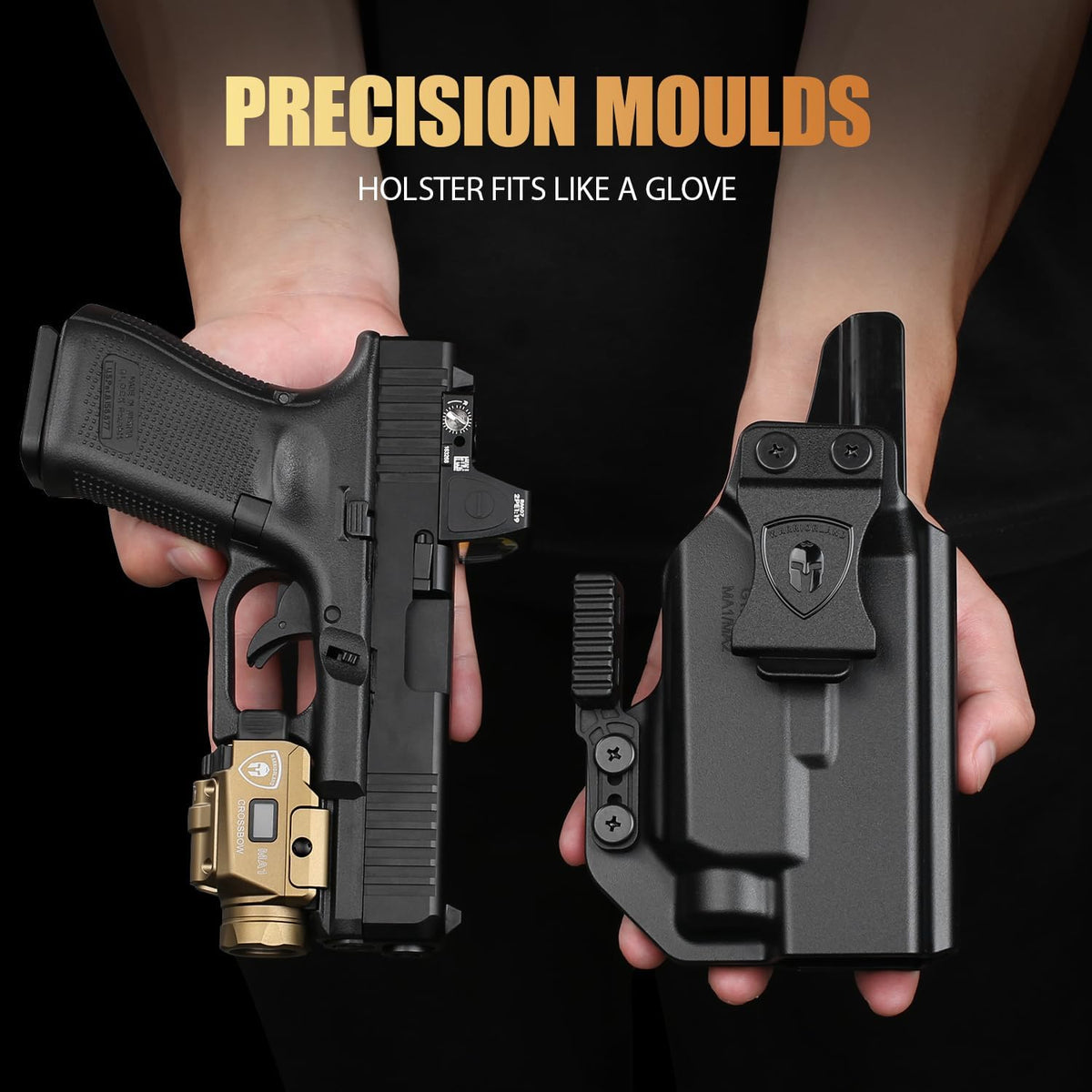 WARRIORLAND FDE MA1 800 Lumens Rail Mounted Universal Pistol Light, Combo Custom Holster for Glock 17/19 Gen 3-5 & Glock 34 Gen 4-5 & 18/19X/ 44/45 & MOS, Rechargeable | Screen Power Status.