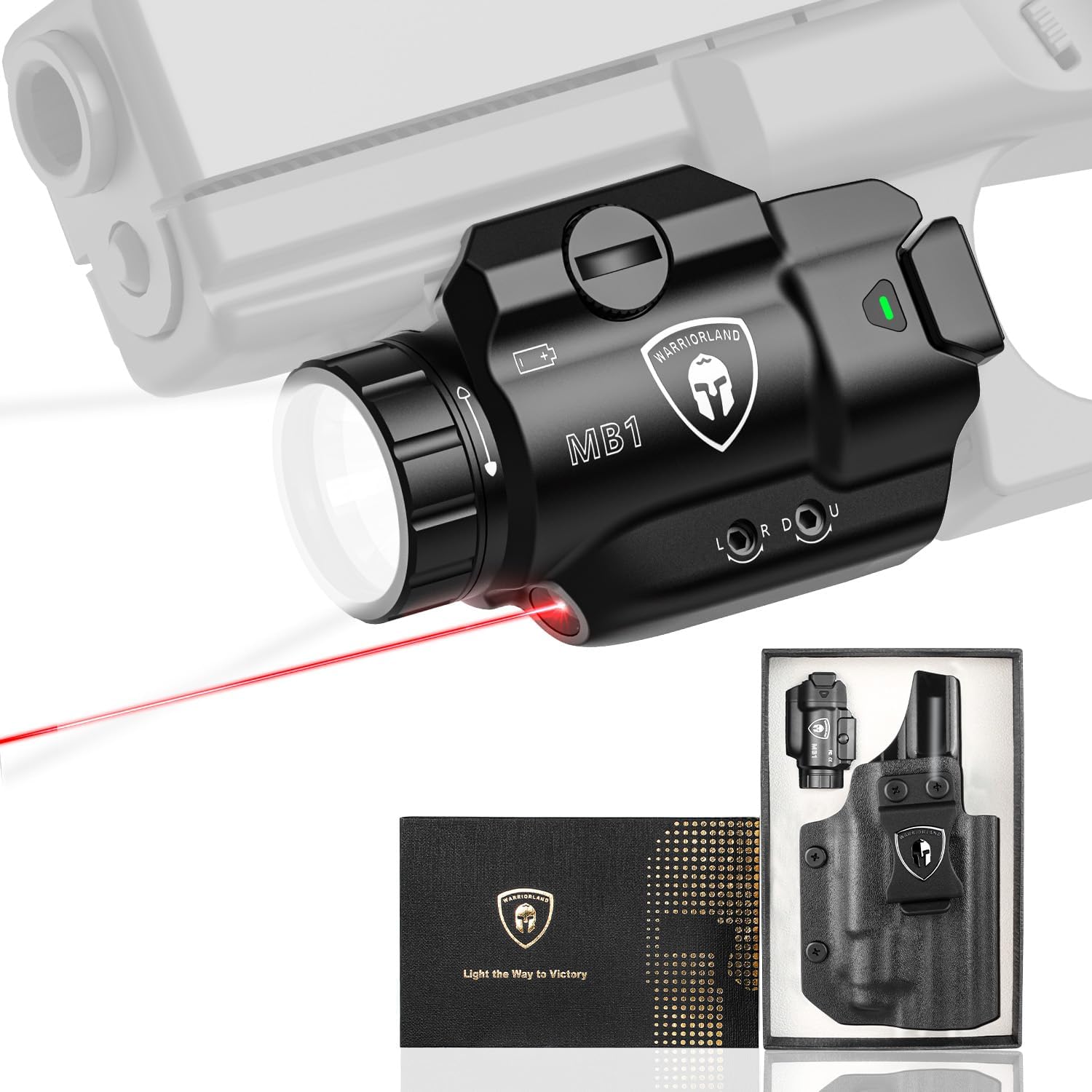 WARRIORLAND MB1 Pistol Light and Custom Kydex Holster, Fit for S&W M&P 9 M2.0 Compact 4.0'' Barrel, 500-Lumen Universal Rail Mounted Tactical Weapon Light with Red Laser & White LED, Power Indicator WARRIORLAND