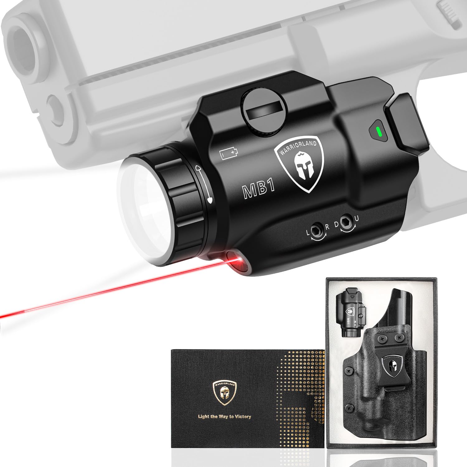 WARRIORLAND MB1 Pistol Light and Custom Kydex Holster, Fit for S&W SD9 VE/SD40 VE, Compact 500 Lumens Universal Rail Mounted Tactical Weapon Light with Red Laser & White LED, Power Indicator WARRIORLAND
