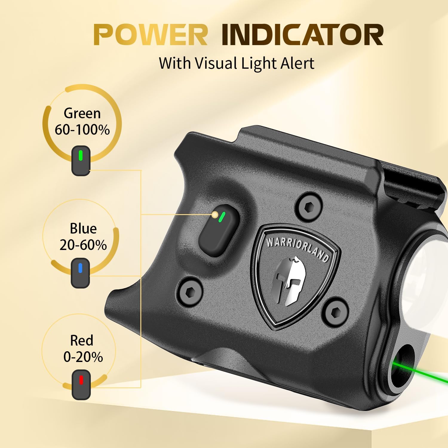 WARRIORLAND Pistol Light Laser & Holster Fit for Springfield Hellcat 3โณ MICRO-COMPACT, Compact 150-Lumen Trigger Mounted Tactical Weapon Light with Green Laser White LED & IWB Holster, Power Indicator