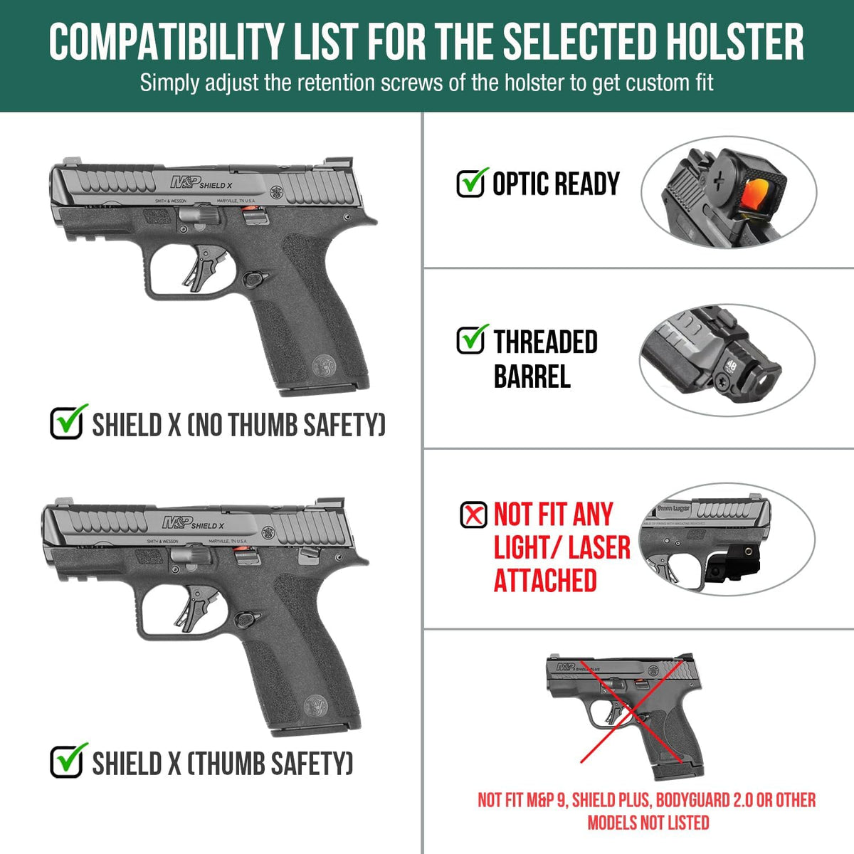 WARRIORLAND IWB Kydex Holster, Fits S&W M&P SHIELD X with Claw, Optic Cut, Adj. Retention