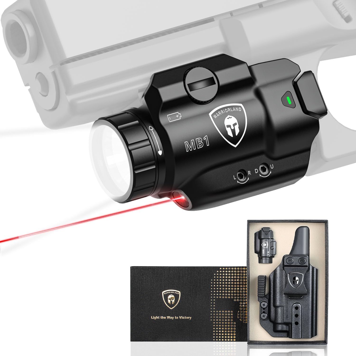 WARRIORLAND MB1 500 Lumens Portable Universal Rail Mounted Weapon Light - Red Laser & White LED Combo with Glock 17/19 Claw Holster - Three Operation Modes & Power Indicator MB1w/Glock G17/G19 WARRIORLAND