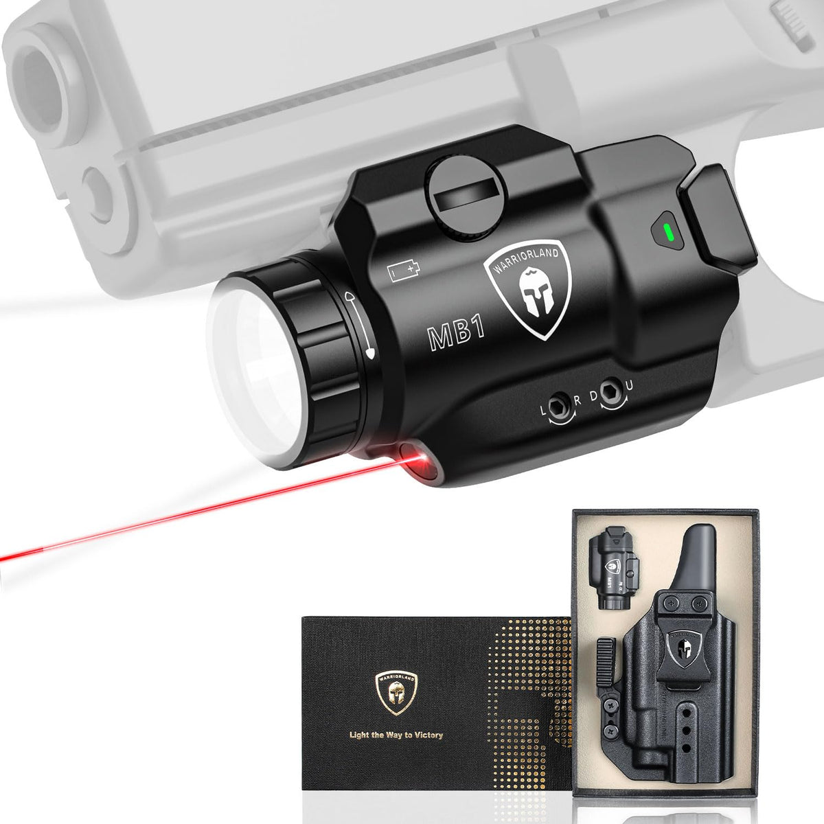WARRIORLAND MB1 500 Lumens Portable Universal Rail Mounted Weapon Light - Red Laser & White LED Combo with Glock 17/19 Claw Holster - Three Operation Modes & Power Indicator MB1w/Glock G17/G19 WARRIORLAND