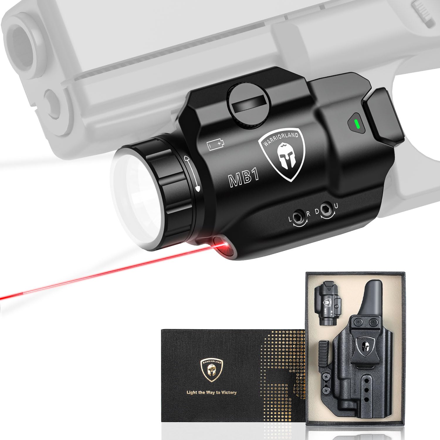 WARRIORLAND MB1 500 Lumens Portable Universal Rail Mounted Weapon Light - Red Laser & White LED Combo with Glock 17/19 Claw Holster - Three Operation Modes & Power Indicator MB1w/Glock G17/G19 WARRIORLAND