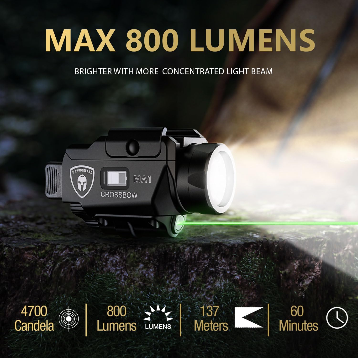 WARRIORLAND MA1 800 Lumens Rail Mounted Universal Pistol Light, Combo Custom Holster for Glock 17/19 Gen 3-5 & Glock 22/23 /31/32 Gen 3-4 & Glock 19X /44/45, Rechargeable | Screen Power Status WARRIORLAND