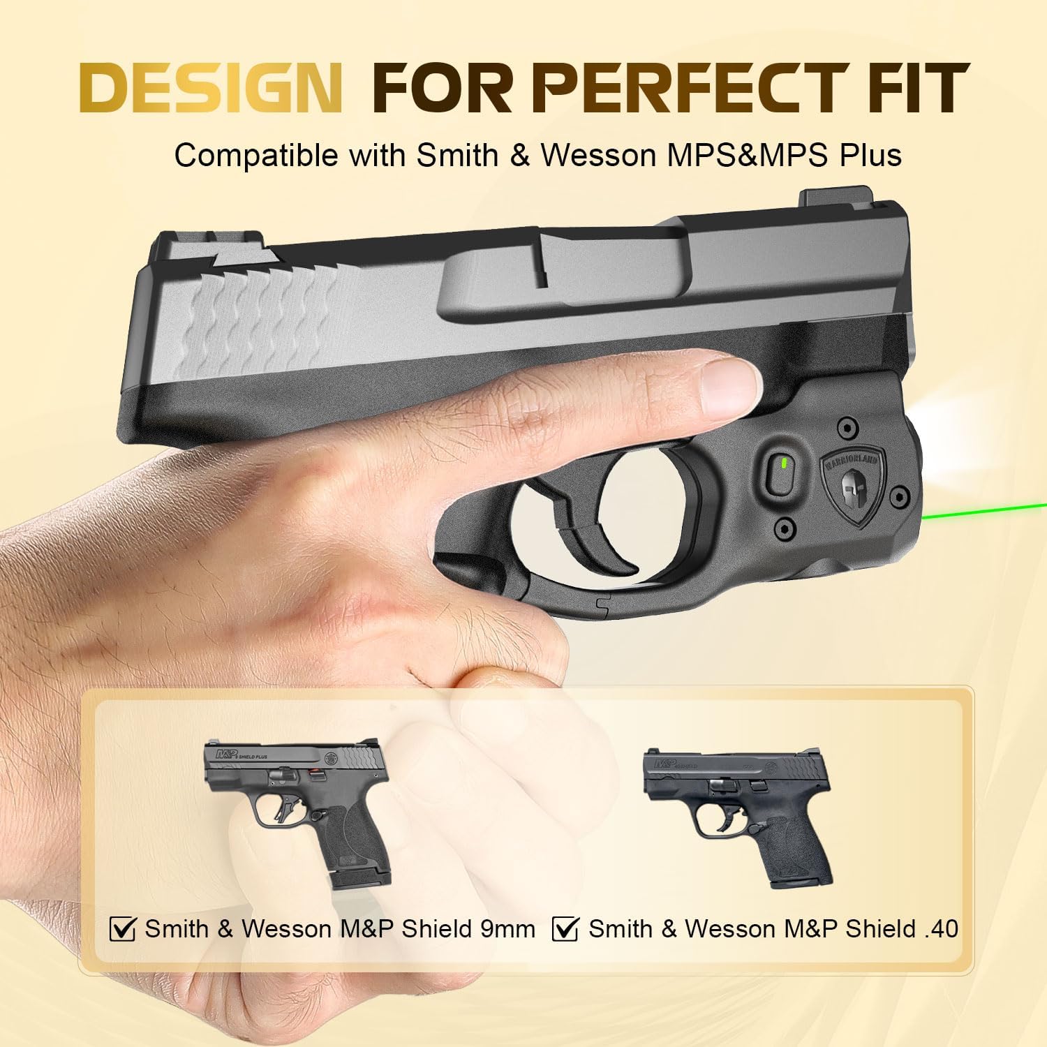 WARRIORLAND Pistol Light Laser Combo Fits S&W M&P Shield M2.0 9mm/.40, Compact 150-Lumen Trigger Mounted Tactical Weapon Light with Green Laser & White LED, Power Indicator & 3 Light Mode Options WARRIORLAND