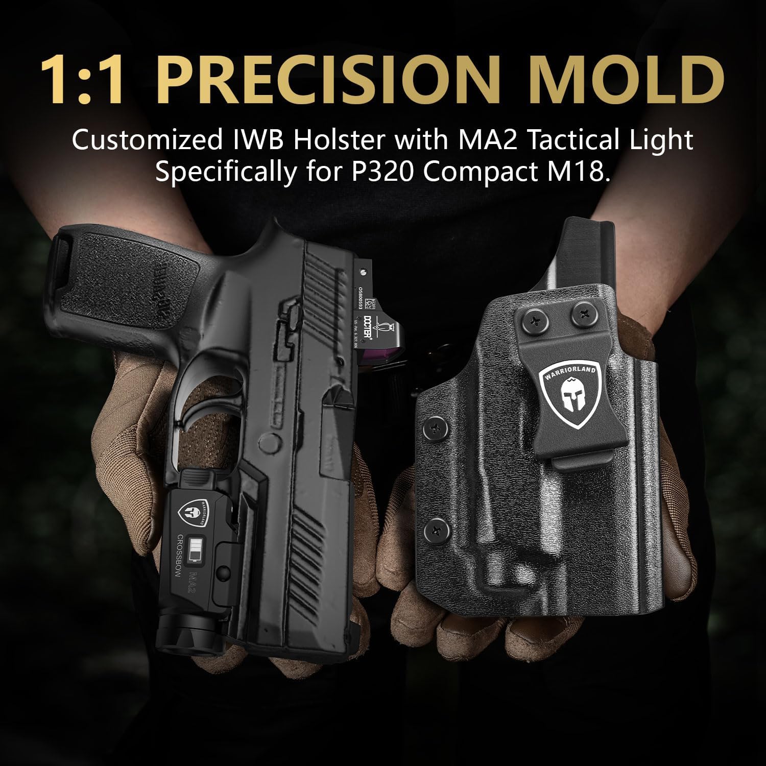 WARRIORLAND Crossbow MA2 Universal Rail Mounted 800 Lumens Pistol Light with P320 Compact M18 IWB Kydex Holster Combo, Magnetic USB Charging Tactical Light with Screen Displays Battery Status WARRIORLAND