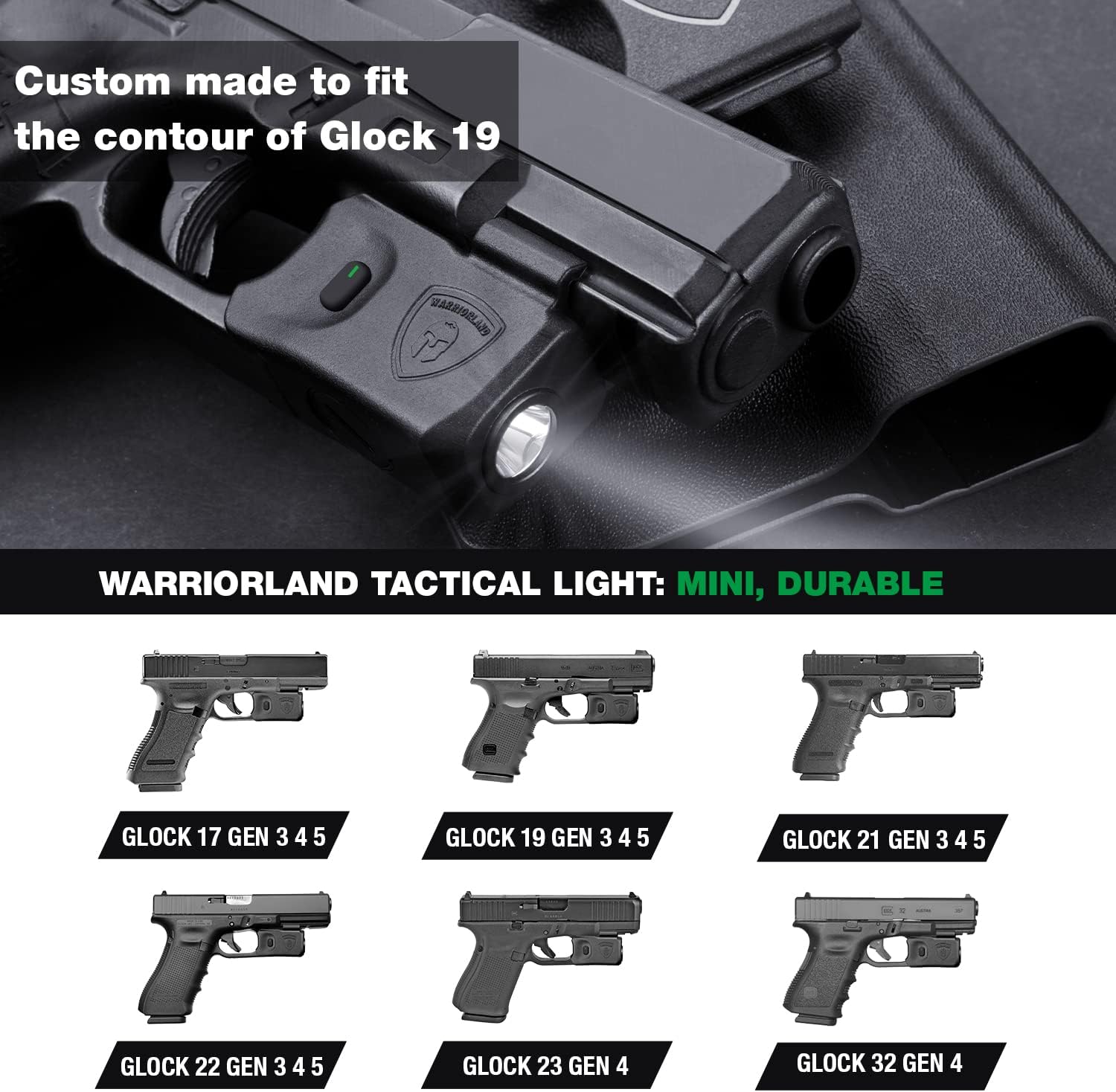 WARRIORLAND Mini Pistol Light with Kydex Holster Tailored Made Compatible with Glock 17/19/21/22 Gen 3 4 5 & G23/32 Gen 4 Pistol, 150 Lumen Glock Railed Handgun Light, LED Tactical Flashlight SL-1 WARRIORLAND