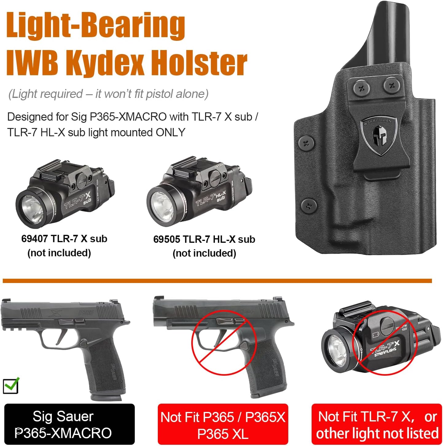 WARRIORLAND IWB Kydex Holster for Sig P365-XMACRO with TLR-7 X Sub or TLR-7 HL-X Sub, Light-Bearing Design, Optics Cut, Adjustable Cant & Posi-Click Retention, Right Hand Draw WARRIORLAND
