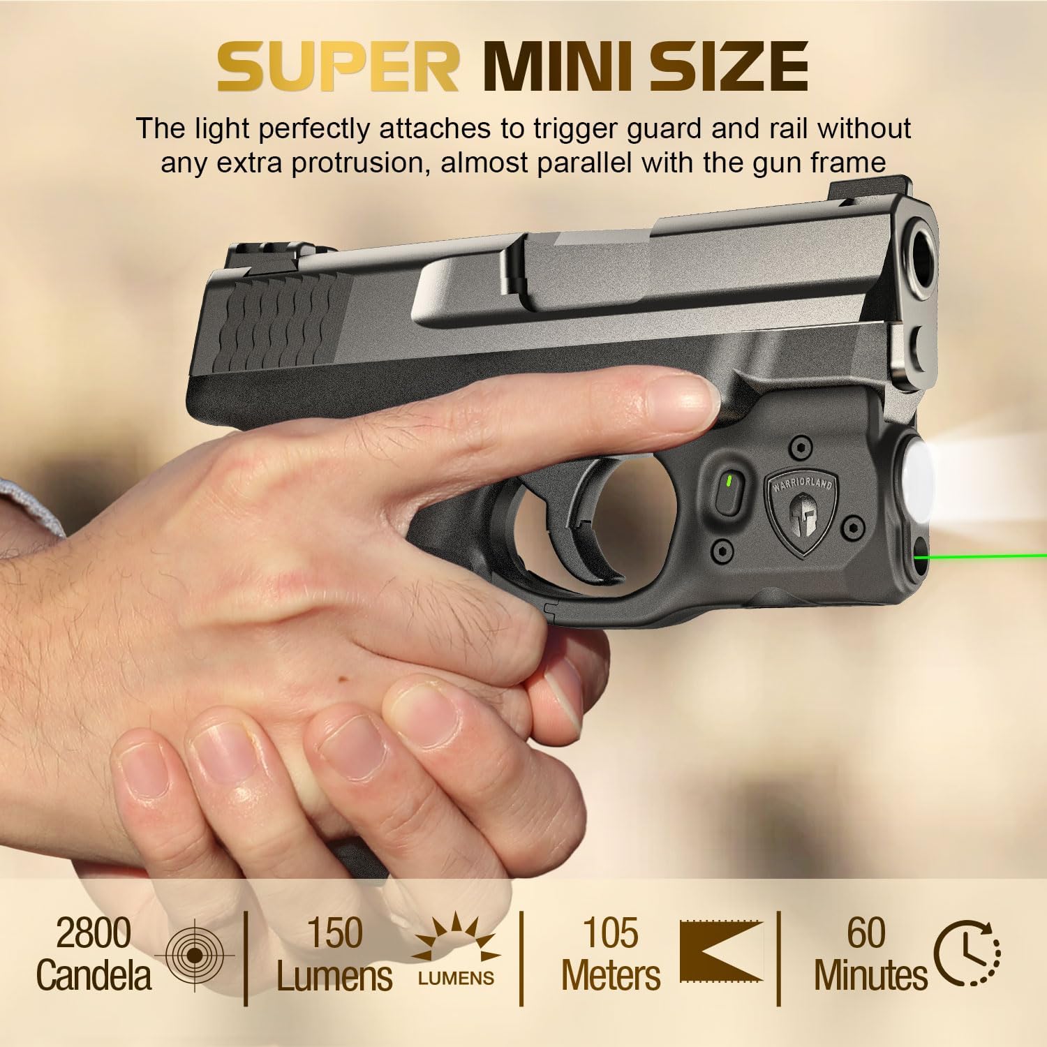 WARRIORLAND Pistol Light Laser Combo Fits S&W M&P Shield M2.0 9mm/.40, Compact 150-Lumen Trigger Mounted Tactical Weapon Light with Green Laser & White LED, Power Indicator & 3 Light Mode Options WARRIORLAND