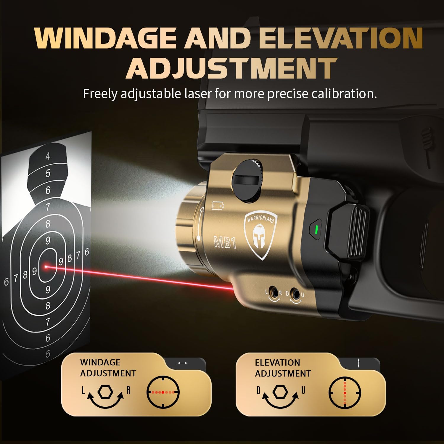 WARRIORLAND FDE MB1 Pistol Light & Holster Combo, Fit for Glock 20/21/22 Gen 3-5 & Glock 34 Gen 4, Compact 500-Lumen Rail Mounted Tactical Weapon Light with Red Laser & White LED, Power Indicator WARRIORLAND