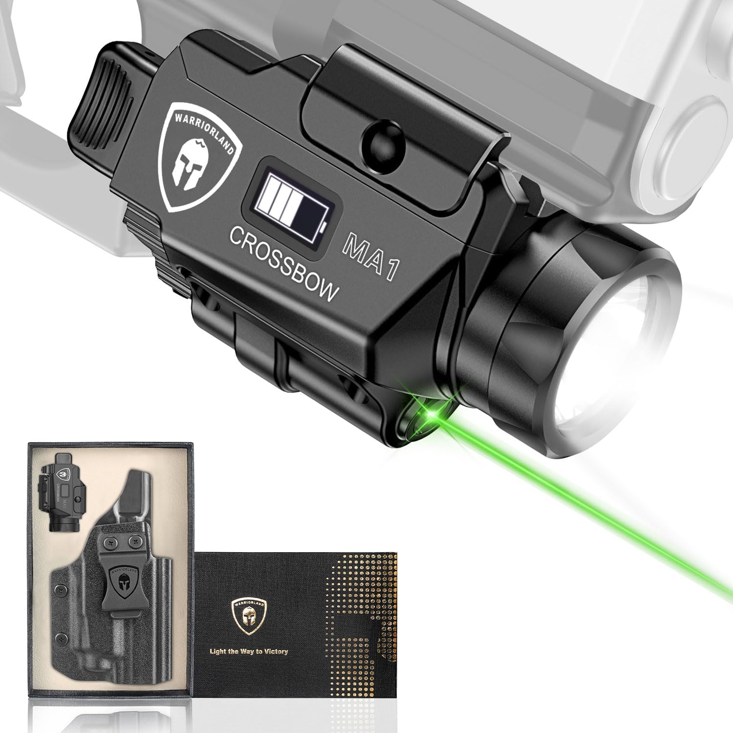 WARRIORLAND MA1 Laser Light Combo Holster Fit for M&P 9mm Shield EZ, 800-lumen LED Gun Flashlight and Green Laser Weapon Pistol Light & Right-Hand IWB Holster, Rechargeable | Screen Power Indicator โWARRIORLAND