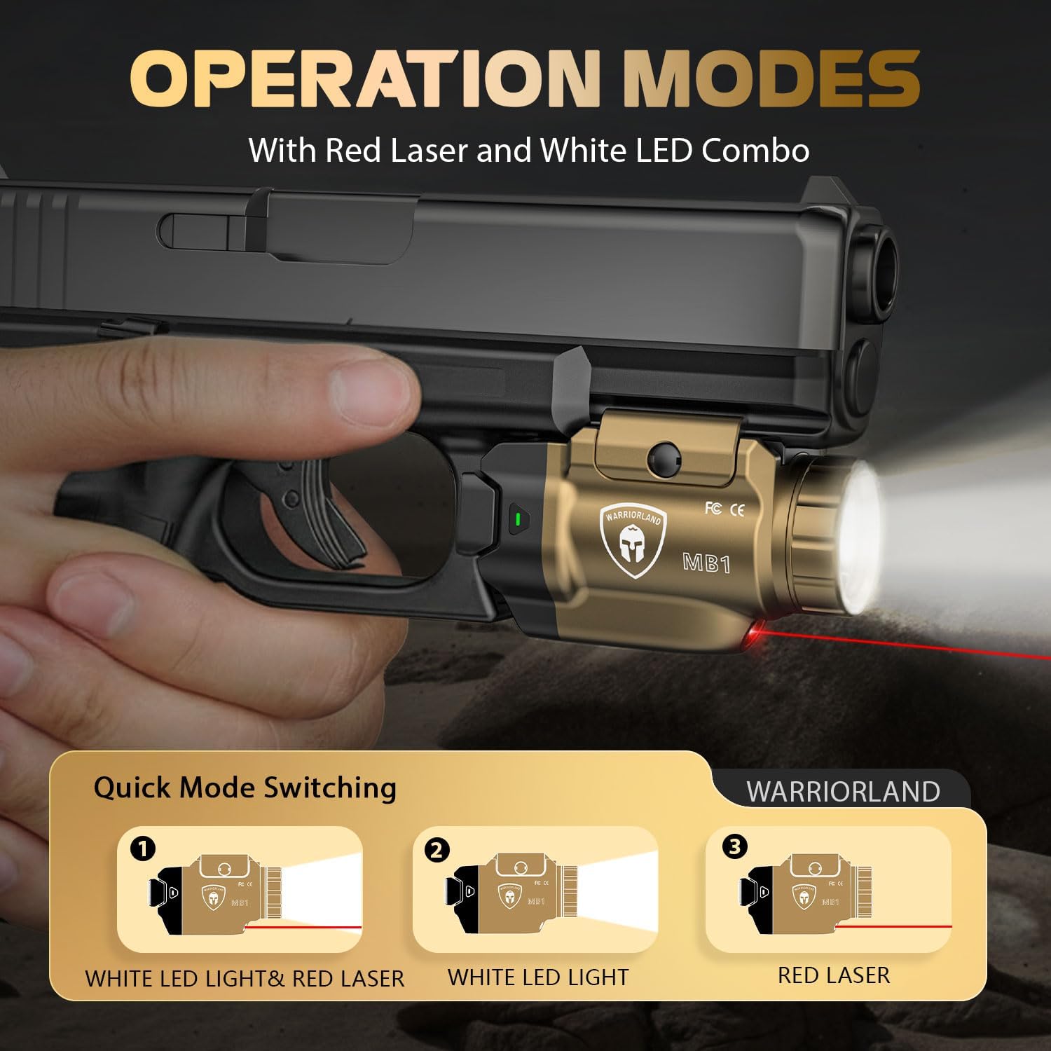 WARRIORLAND FDE MB1 Pistol Light & Holster Combo, Fit for Glock 20/21/22 Gen 3-5 & Glock 34 Gen 4, Compact 500-Lumen Rail Mounted Tactical Weapon Light with Red Laser & White LED, Power Indicator WARRIORLAND