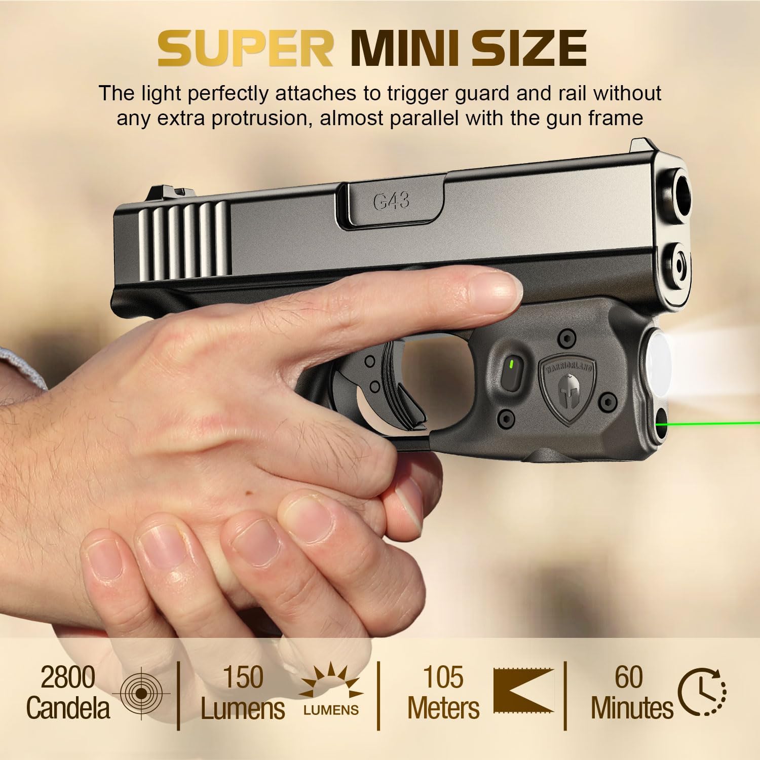 WARRIORLAND Pistol Light Laser Combo Fits Glock 42/43/43X/48 (No Rail), Compact 150-Lumen Trigger Mounted Tactical Weapon Light with Green Laser & White LED, Power Indicator & 3 Light Mode, SLL-105G WARRIORLAND