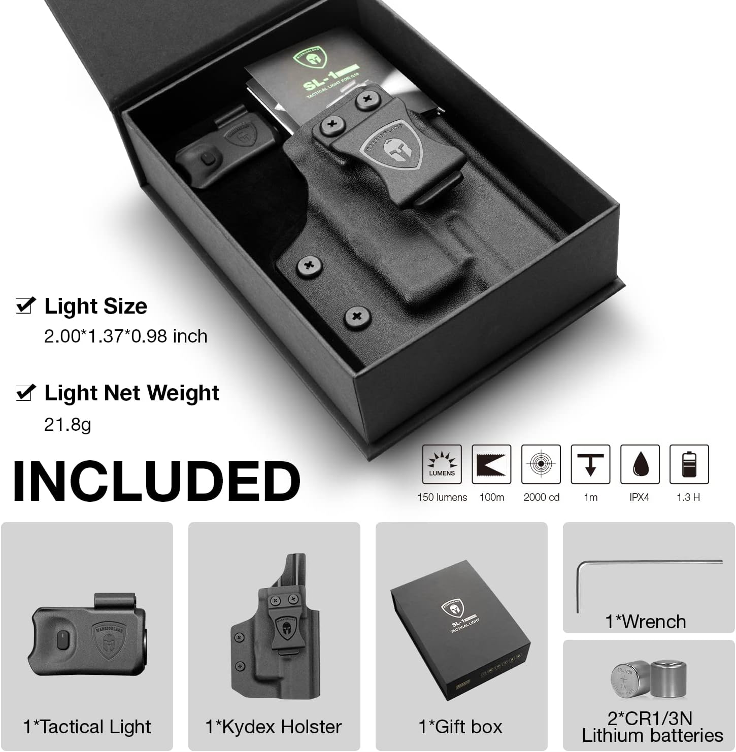 WARRIORLAND Mini Pistol Light with Kydex Holster Tailored Made Compatible with Glock 17/19/21/22 Gen 3 4 5 & G23/32 Gen 4 Pistol, 150 Lumen Glock Railed Handgun Light, LED Tactical Flashlight SL-1 WARRIORLAND