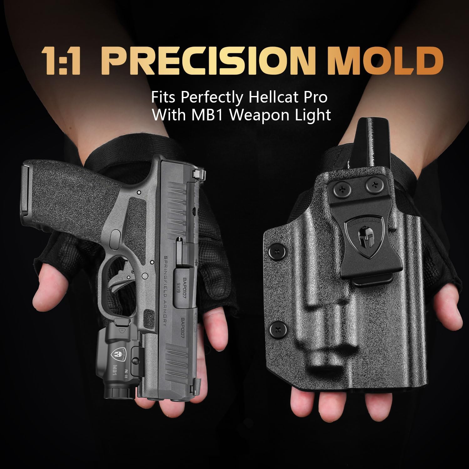 WARRIORLAND MB1 500 Lumens Portable Universal Rail Mounted Weapon Light-Red Laser & White LED Combo with Springfield Hellcat Pro Kydex Holster-Three Operation Modes & Power Indicator MB1w/Hellcat Pro WARRIORLAND