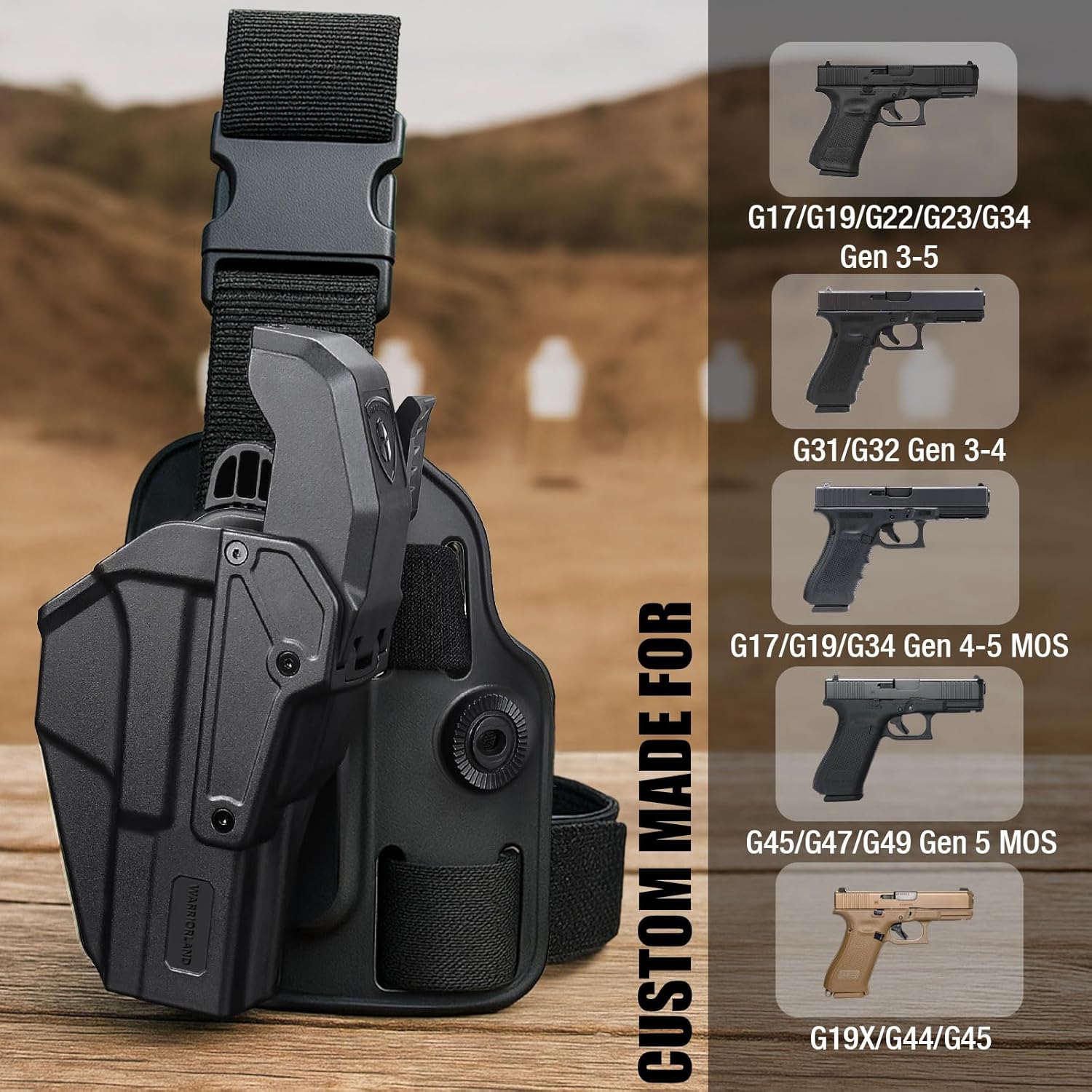 WARRIORLAND Level 2 Drop Leg Holster for 17/19/ 22/23/34 Gen 3-5 & G31/32 Gen 3-4 & 19X/44/45/47/49 & MOS Version, Optic Cut with RDS Cover, Tactical Thigh Holster with Adj. Heigh, Open Muzzle Design.