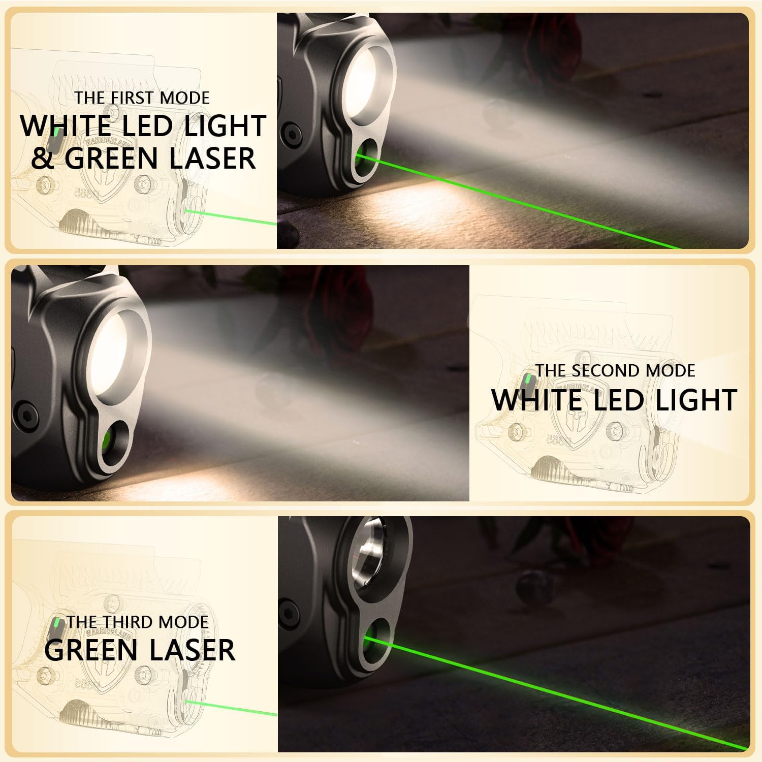 WARRIORLAND Pistol Light Laser Combo Fits Glock 42/43/43X/48 (No Rail), Compact 150-Lumen Trigger Mounted Tactical Weapon Light with Green Laser & White LED, Power Indicator & 3 Light Mode, SLL-105G WARRIORLAND
