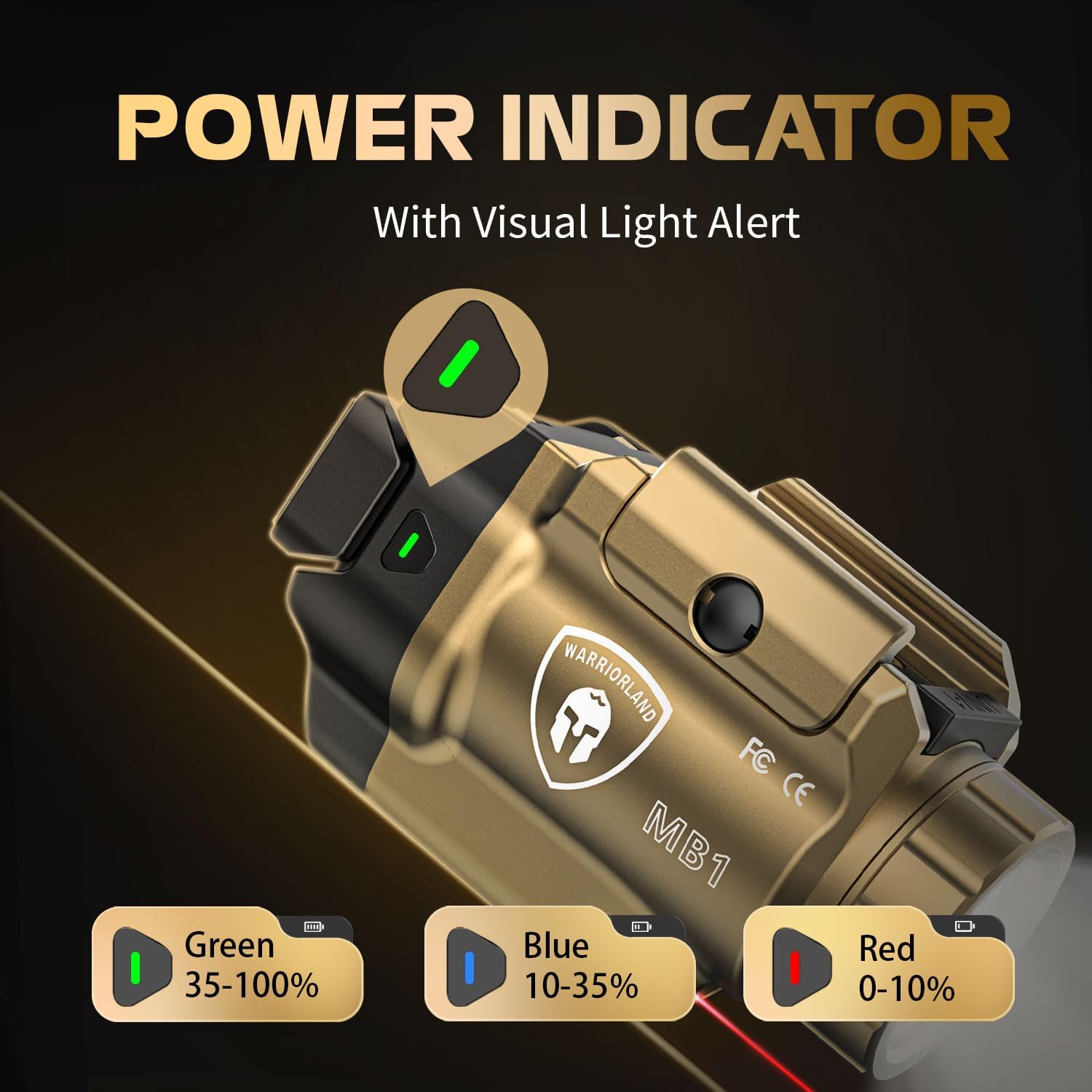 WARRIORLAND FDE MB1 Pistol Light & Holster Combo, Fit for Glock 20/21/22 Gen 3-5 & Glock 34 Gen 4, Compact 500-Lumen Rail Mounted Tactical Weapon Light with Red Laser & White LED, Power Indicator WARRIORLAND