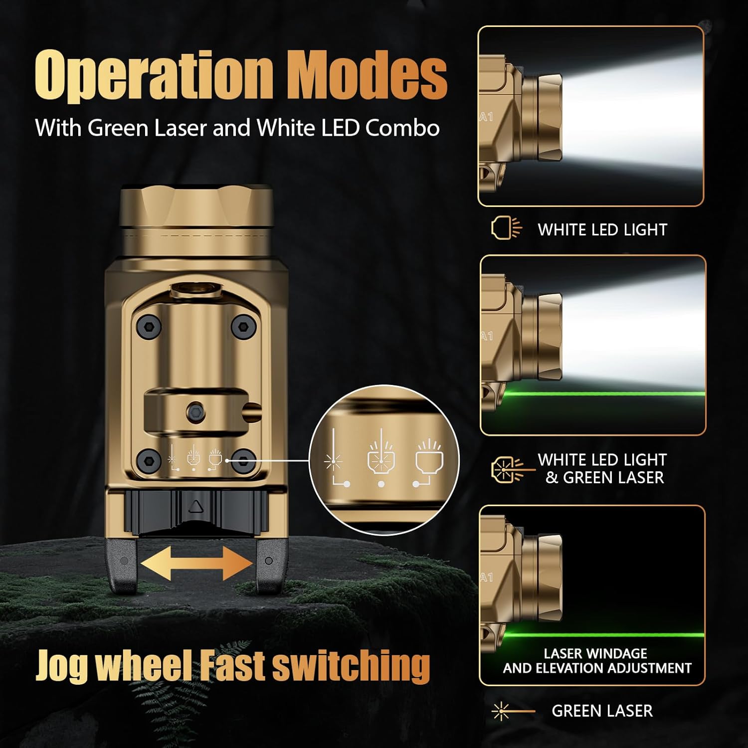 WARRIORLAND Compact MA1 800-Lumen Pistol Light FDE, Fits G17/ G19 / P320/ G2C/ Hellcat Pro/Echelon and Other 100+ Models, with Green Laser White LED Combo, Tactical Flashlight with Battery Indicator WARRIORLAND
