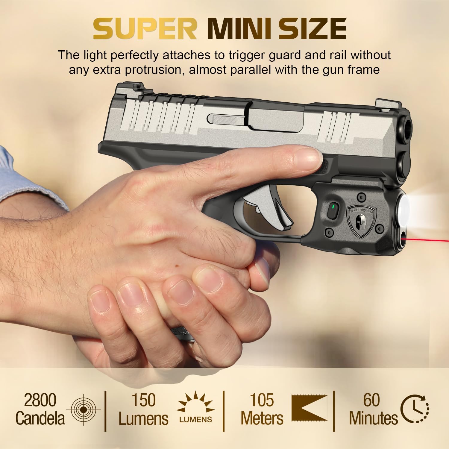 WARRIORLAND Pistol Light Laser & Holster Fit for Springfield Hellcat 3โณ Micro-Compact, Compact 150-Lumen Trigger Mounted Tactical Weapon Light with Red Laser White LED & IWB Holster, Power Indicator