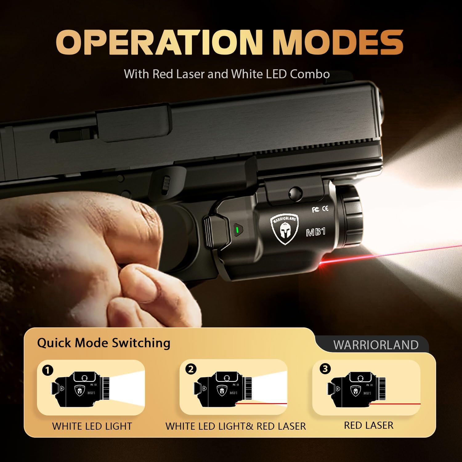 WARRIORLAND MB1 Pistol Light and Custom Kydex Holster, Fit for S&W SD9 VE/SD40 VE, Compact 500 Lumens Universal Rail Mounted Tactical Weapon Light with Red Laser & White LED, Power Indicator WARRIORLAND