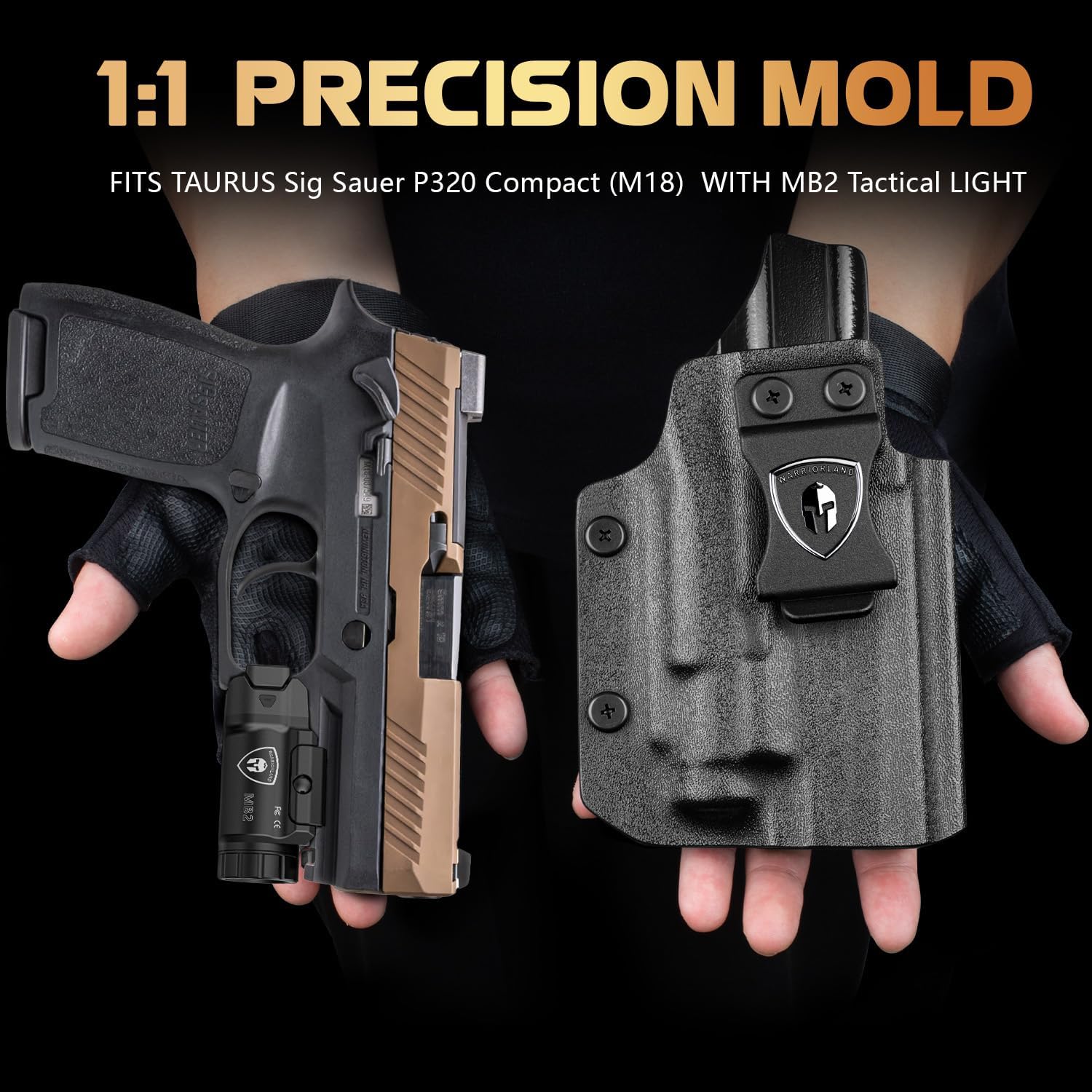 WARRIORLAND 500 Lumen White LED Tactical Light with P320 M18 Holster Combo - Compact Rail Mounted Pistol Weapon Flashlight with Power Indicator / 3 Light Modes (MB2/P320m18) WARRIORLAND