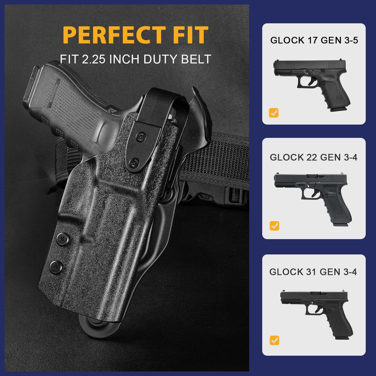 Glock 17 Holster Level II Retention w/Hook Guard & Rotating Hood: Glock G17/G19/G34 Gen3-5 G19X G23/G22/G31/G32 Gen3-4 G44 G45, 2.25 Inch Outside Waistband Holster G17, Adj. Retention & Ride Height, Right|WARRIORLAND WARRIORLAND