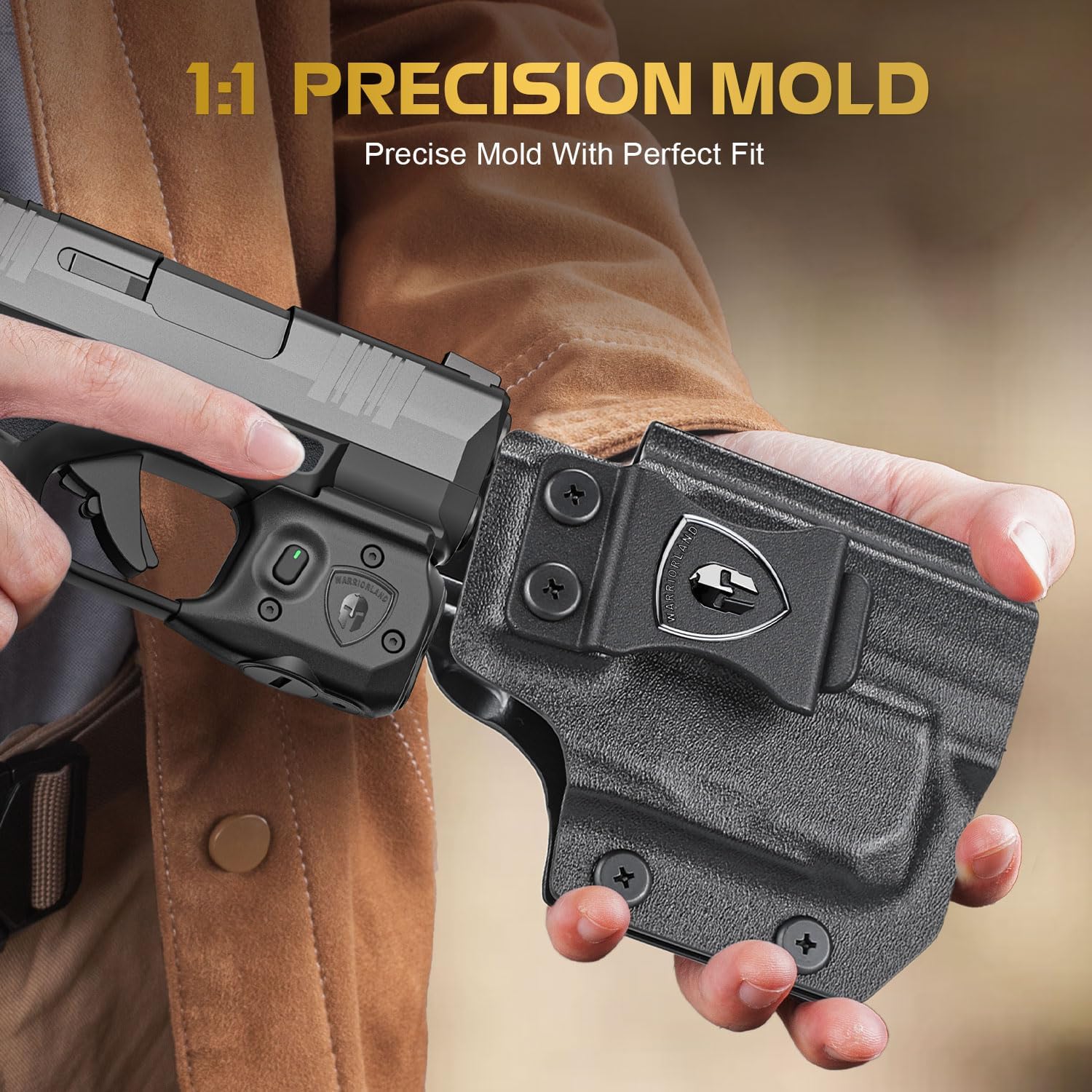 WARRIORLAND Pistol Light Laser & Holster Fit for Springfield Hellcat 3โณ MICRO-COMPACT, Compact 150-Lumen Trigger Mounted Tactical Weapon Light with Green Laser White LED & IWB Holster, Power Indicator