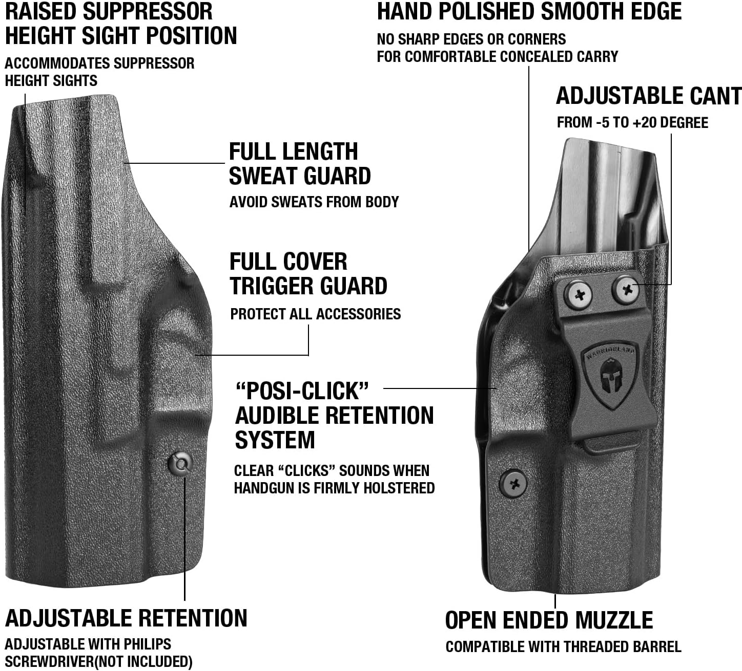 WARRIORLAND Concealed Carry Kydex Holster Fit for CZ P-10 C & CZ P-10 S, Inside Waistband IWB | Adjustable Cant | 'Posi-Click' Retention | Full Length Sweat Guard, Right Hand/Left Hand Option WARRIORLAND