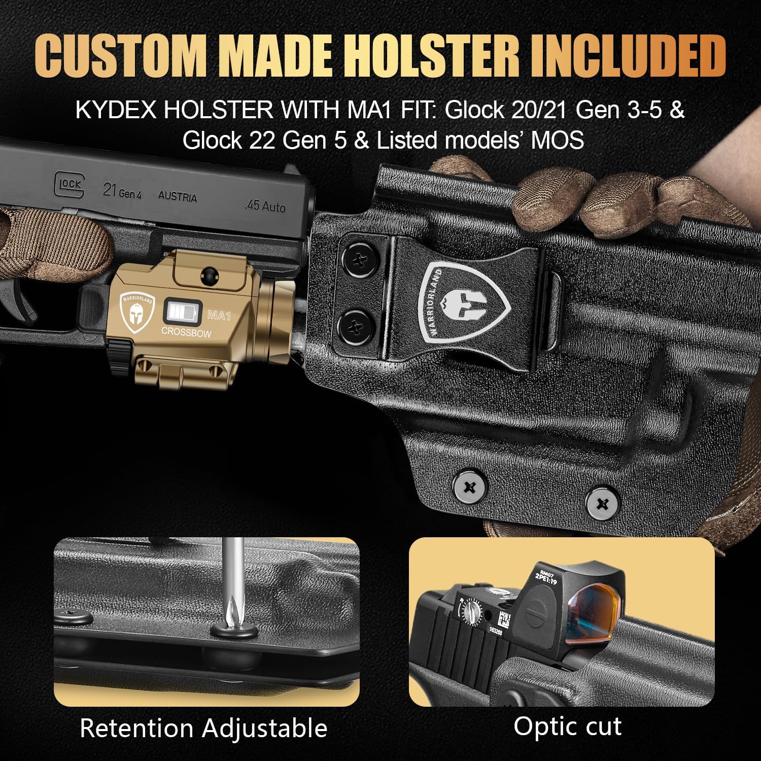 WARRIORLAND 800-Lumen FDE MA1 Pistol Laser LED Light & IWB Holster Combo, Fit for Glock 20/21 Gen3-5 & Glock 22 Gen5 & Listed Models' MOS, Magnetic USB Rechargeable | Screen Power Status WARRIORLAND