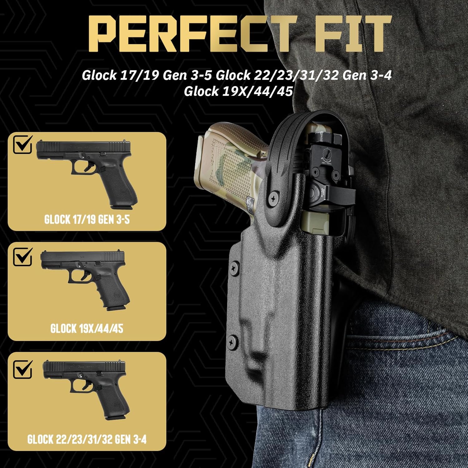 WARRIORLAND Kydex Holster for Glock 19 TLR-7/7A/7X/8HL-XG Level II Thumb Release, OWB Holster Compatible with Glock 17/19/19X/44/45 Gen 3 4 5 & G23/32 Gen 3-4, Optics Cut, Right Hand โWARRIORLAND