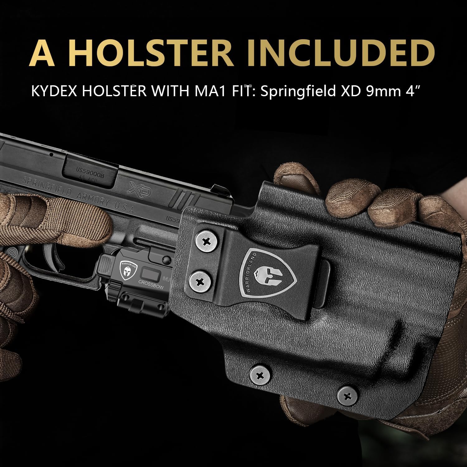 Springfield XD 9mm 4" Pistol Light Laser Holster Combo - WARRIORLAND MA1 800 Lumen LED + Green Laser, Magnetic USB Rechargeable w/Screen Battery Indicator, IWB Right-Hand Kydex Holster w/Optics Cut WARRIORLAND