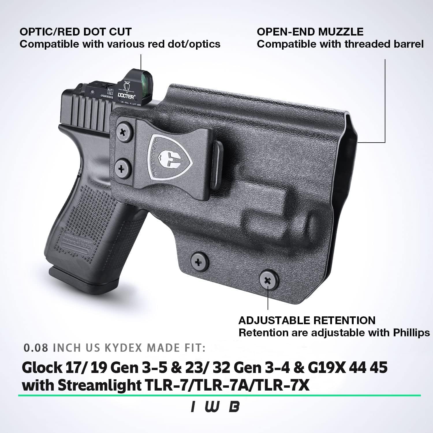 WARRIORLAND IWB Kydex Holster Optic Cut, Fits Glock 17/19 Gen 3-5 & 23/32 Gen 3-4 & 19X 44 45 with TLR-7/TLR-7A/TLR-7X, Inside Waistband Conceal Carry, Adj. Cant & Posi-Click Retention