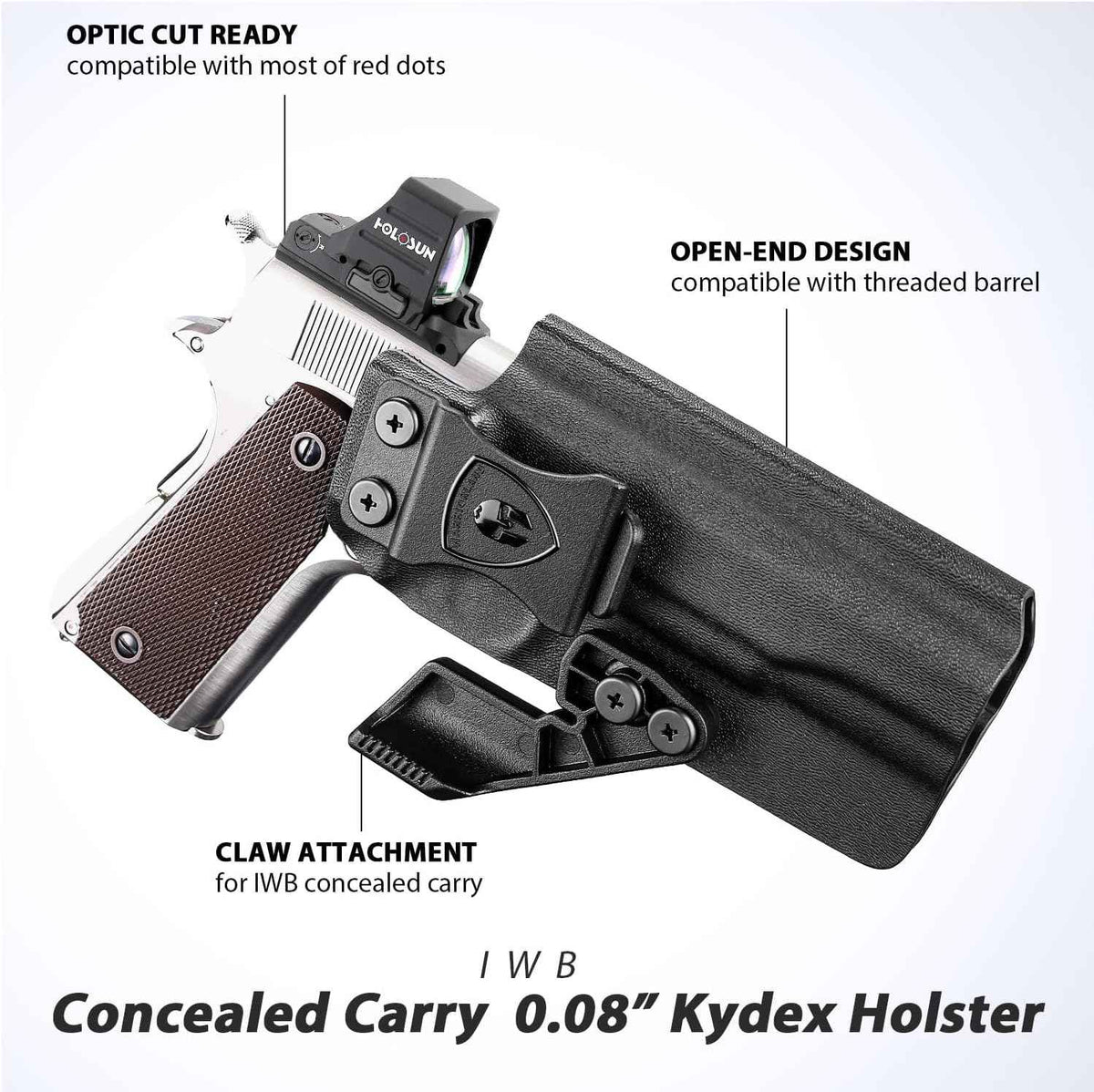 WARRIORLAND IWB Kydex Holster w/Claw & Optic Cut for 5" No-Rail 1911 (Colt · Kimber · Springfield · Ruger · S&W · Sig · RIA · Tisas) - Concealed Carry, Adjustable Cant & Retention, Right Hand Draw