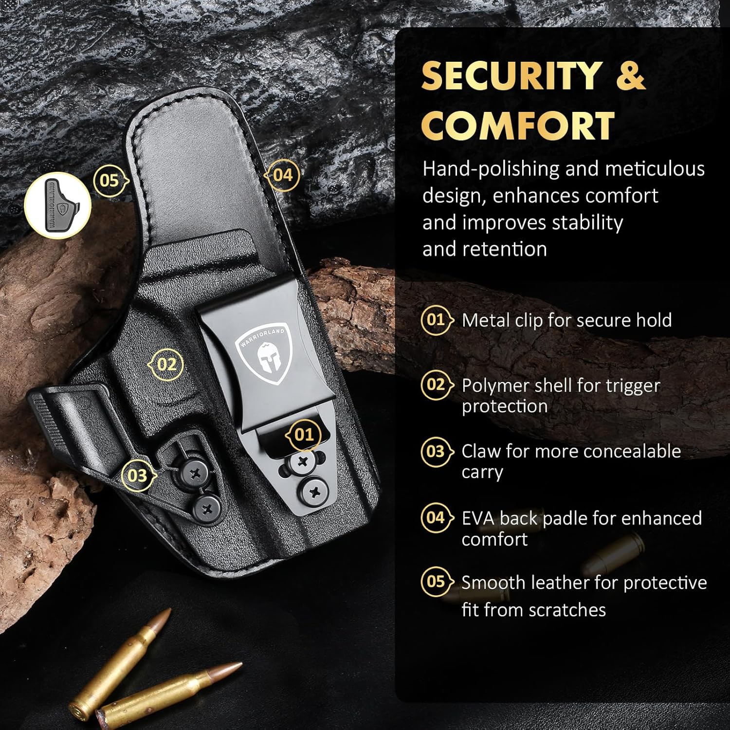 WARRIORLAND IWB Hybrid Holster Compatible with Glock 17/ 19 Gen 3-5 & 23/ 32 Gen 3-4 & G19X 44 45 & their MOS version, Concealed Carry Polymer & Leather Holster with Claw/Optics Cut Ready, Right Hand WARRIORLAND