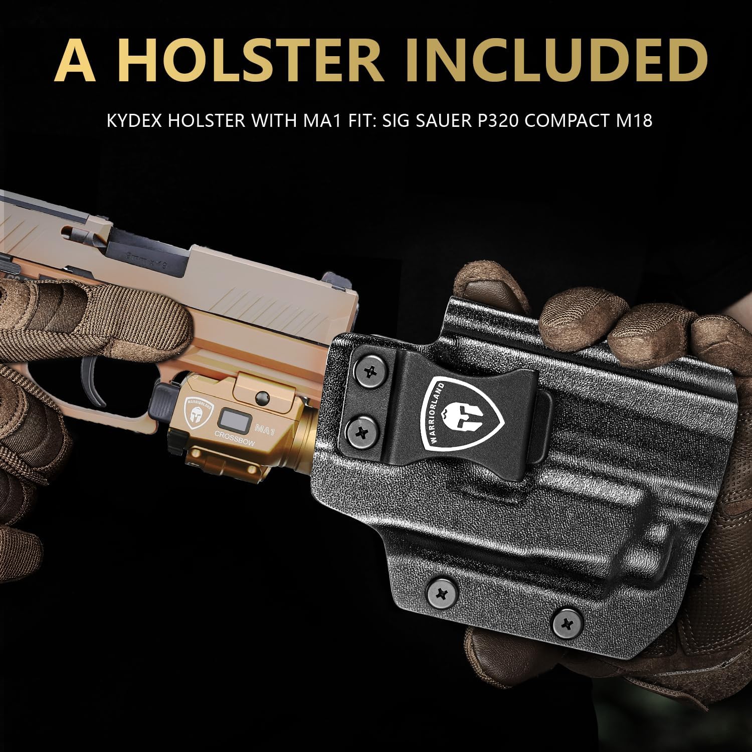 WARRIORLAND Kydex Holster for Sig P320 Compact/M18/M17/Full-Size with MA1 800 Lumen Tactical Light, Rail Mounted Green Laser LED Weapon Light w/Power Indicator, Right-Hand Draw IWB/OWB Compatible WARRIORLAND