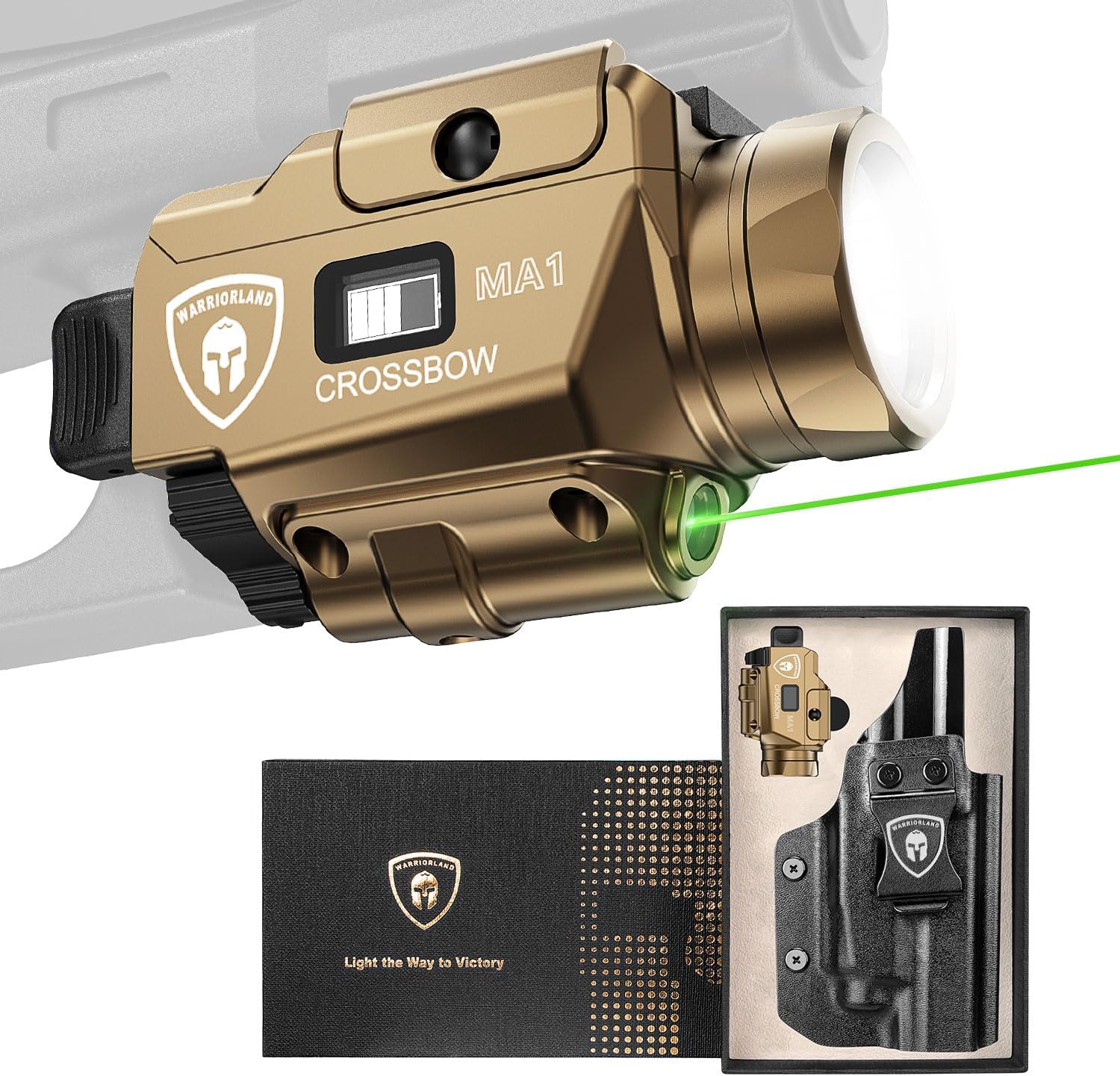 WARRIORLAND 800-Lumen FDE MA1 Pistol Laser LED Light & IWB Holster Combo, Fit for Glock 20/21 Gen3-5 & Glock 22 Gen5 & Listed Models' MOS, Magnetic USB Rechargeable | Screen Power Status WARRIORLAND