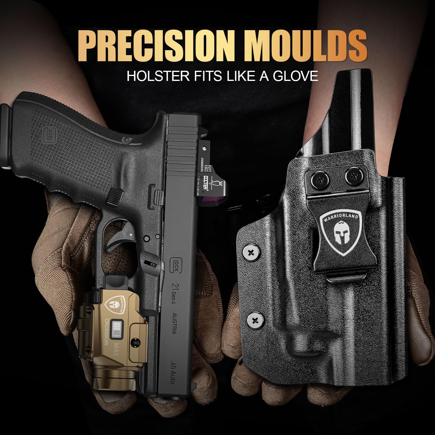 WARRIORLAND 800-Lumen FDE MA1 Pistol Laser LED Light & IWB Holster Combo, Fit for Glock 20/21 Gen3-5 & Glock 22 Gen5 & Listed Models' MOS, Magnetic USB Rechargeable | Screen Power Status WARRIORLAND