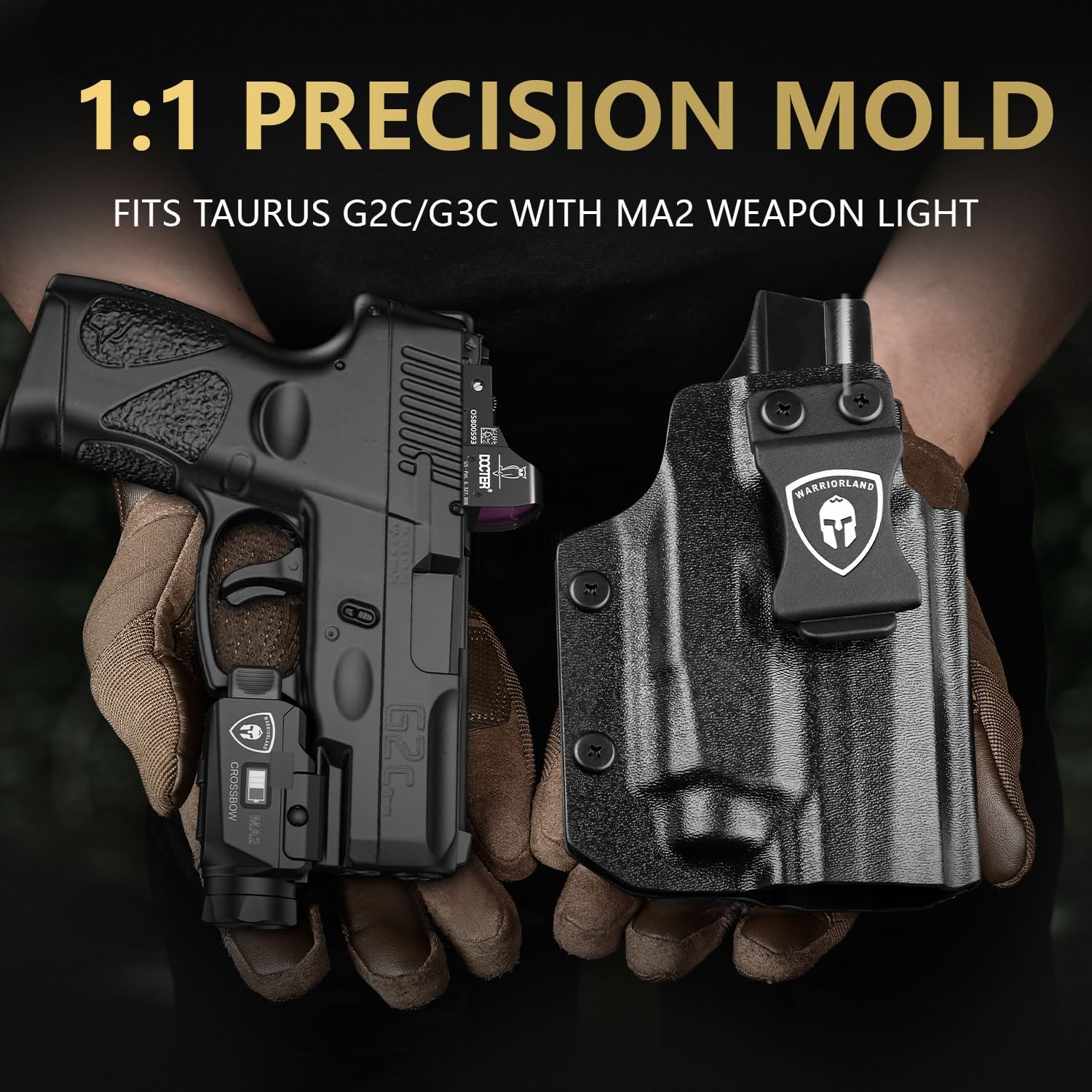 WARRIORLAND Crossbow MA2 Universal Rail Mounted 800 Lumens Tactical Light with Taurus G2C/G3C IWB Kydex Holster Combo, Magnetic USB Charging Pistol Light with Screen Displays Battery Status WARRIORLAND