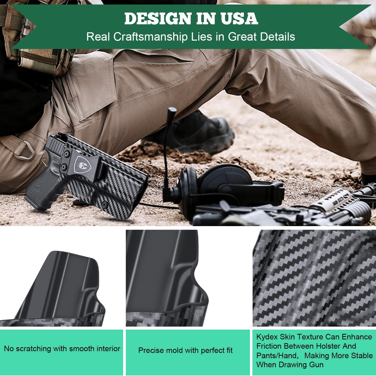 WARRIORLAND Compatible with Glock 17 Holster, IWB Kydex Holster Fit Glock 17/19/26 Gen3-5、Glock 17/19 Gen 4-5 MOS、Glock 34, Inside Waistband Concealed Carry, Adj. Cant & 'Posi-Click' Retention WARRIORLAND