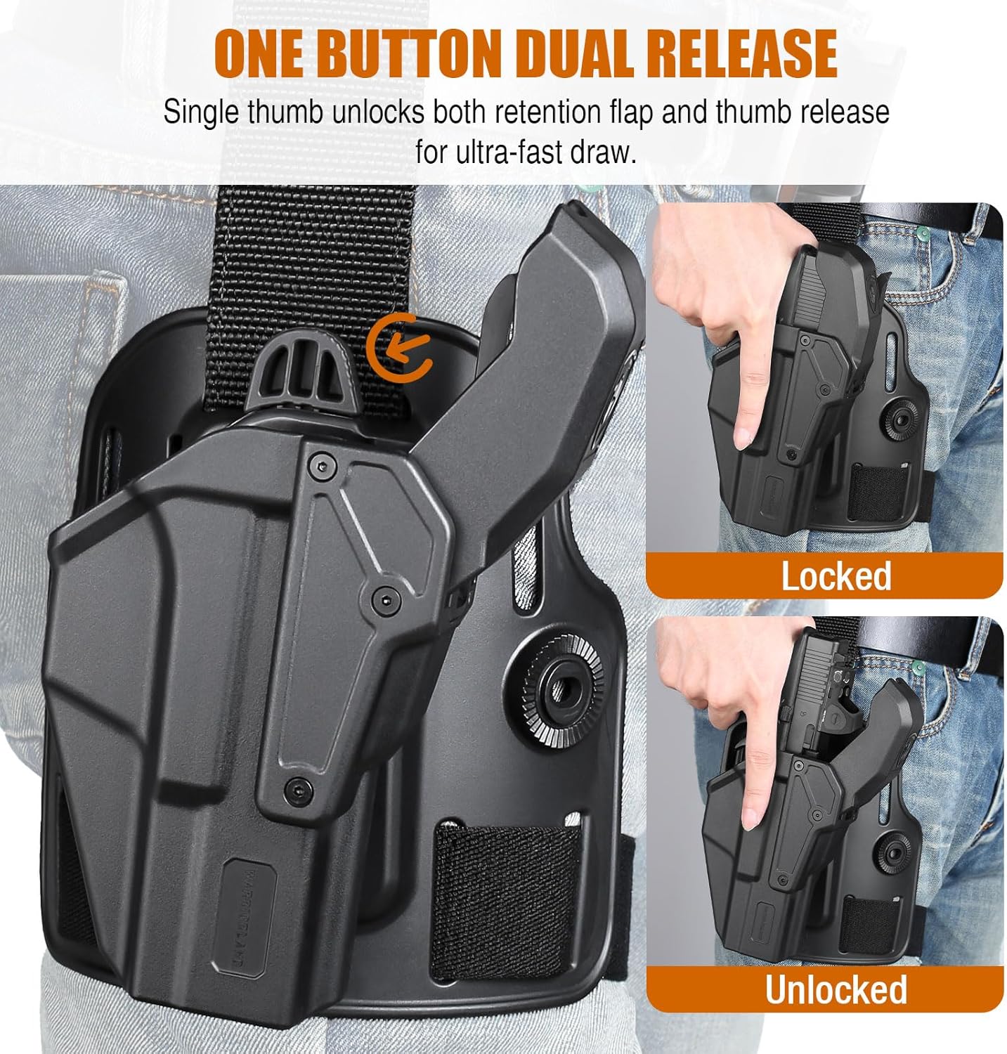 WARRIORLAND Level 2 Drop Leg Holster for 17/19/ 22/23/34 Gen 3-5 & G31/32 Gen 3-4 & 19X/44/45/47/49 & MOS Version, Optic Cut with RDS Cover, Tactical Thigh Holster with Adj. Heigh, Open Muzzle Design.