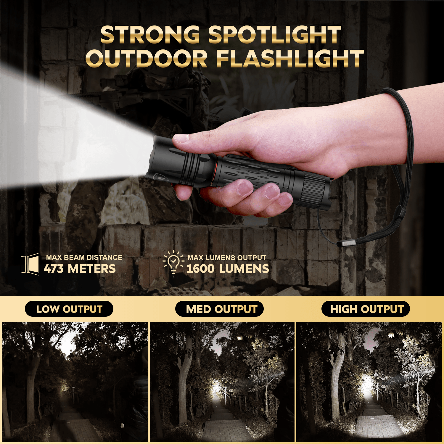 1600 Lumen Tactical Flashlight, Compact Handheld Flashlight with Max Beam Distance 473 Meters, IP68, EDC Flashlight with Rechargeable Battery, Outdoor, Camping and Emergency|WARRIORLAND WARRIORLAND