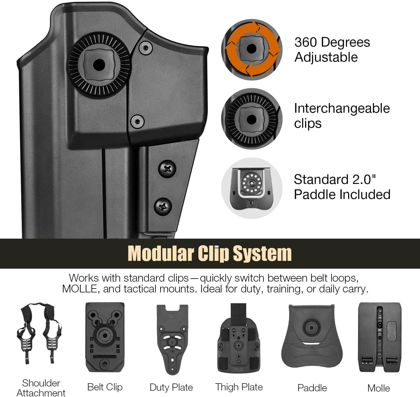 WARRIORLAND Universal OWB Gun Holster w/Optic Cut Ready – Fits Most Popular Compact to Full Size Handguns with 4”–5.3” Barrel – Level II Retention, 360° Adjustable Paddle for 1.5-2.0" Belt, Right Hand