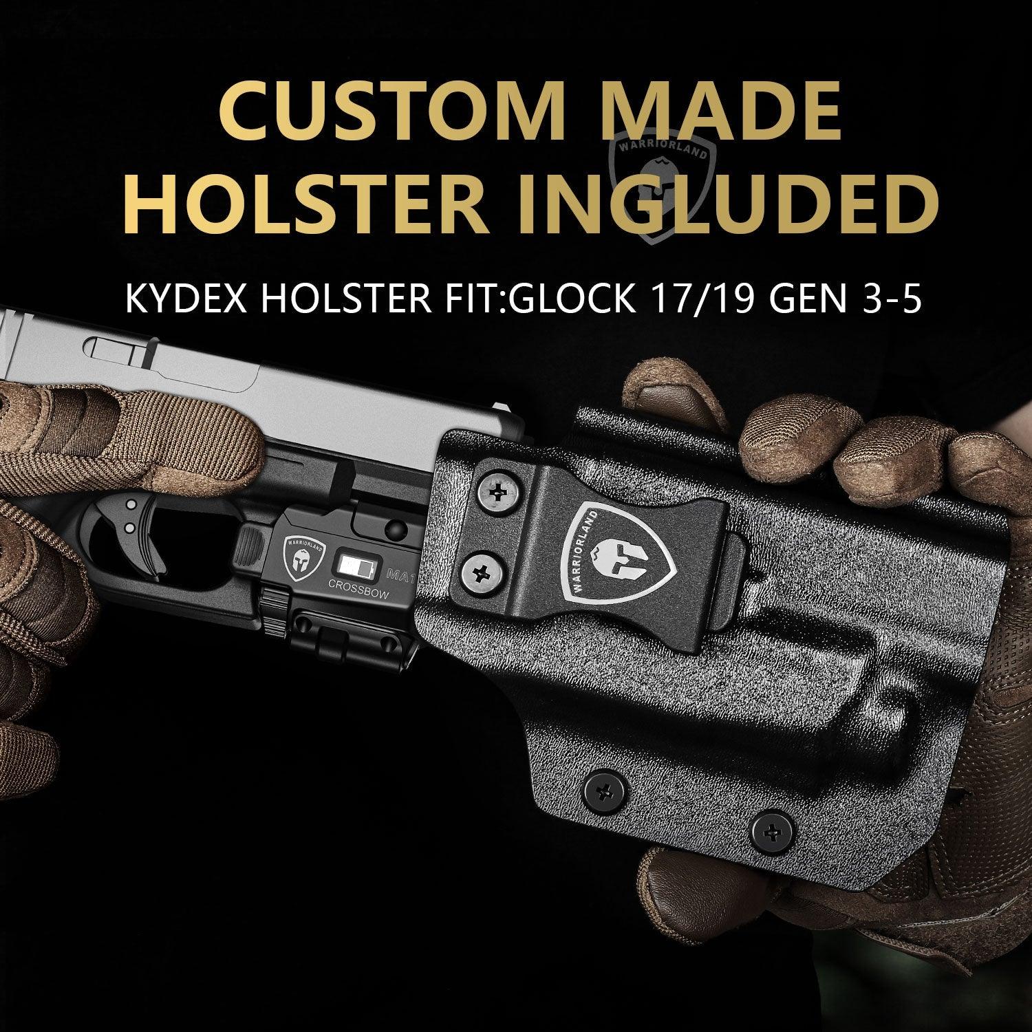 Universal Light Laser Combo with Glock 17/19 KYDEX Right/Left Hand Holster, Green Laser & White LED Tactical Light, Magnetic USB Rechargeable Flashlight-Screen Displays Battery Status, Crossbow MA1|WARRIORLAND WARRIORLAND