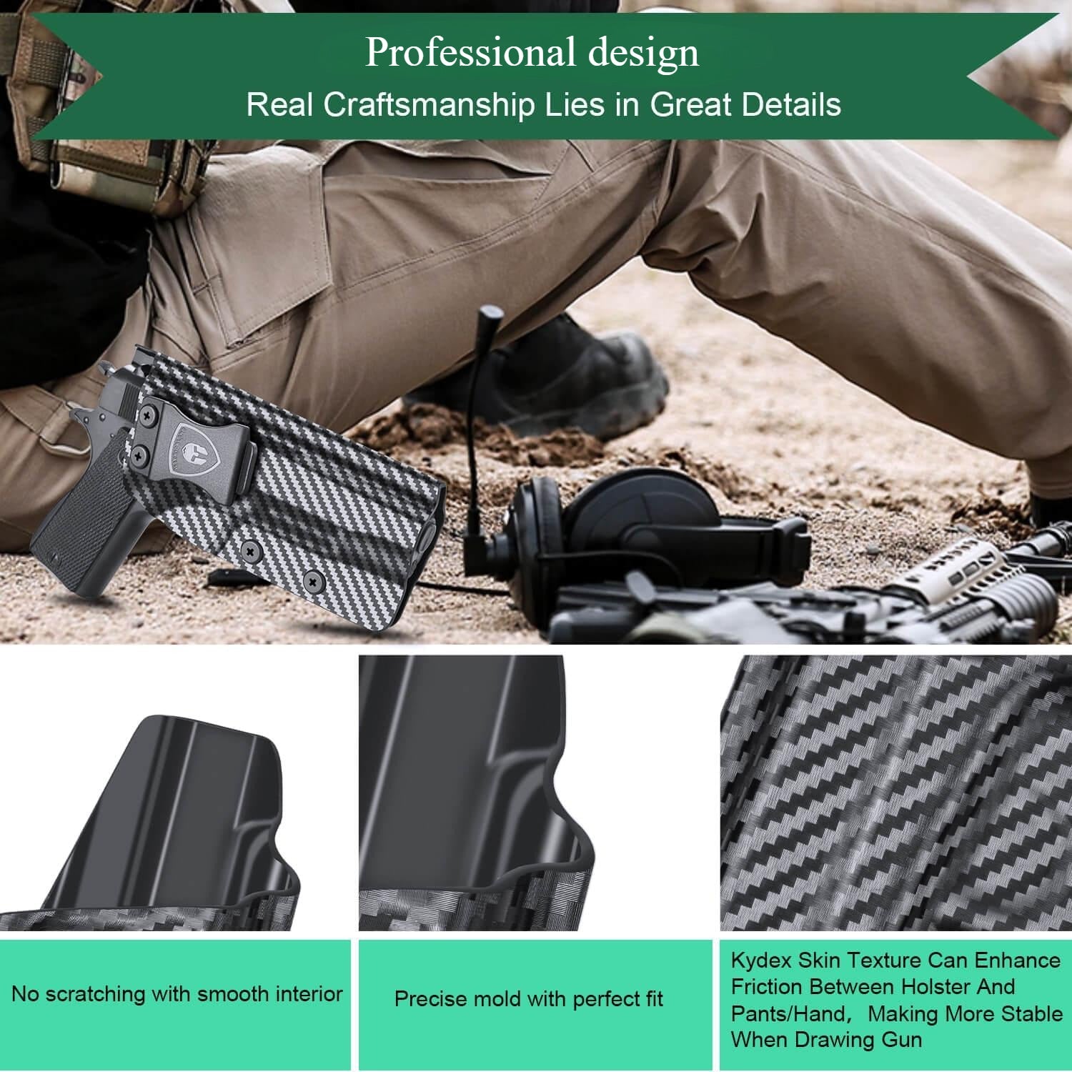 Carbon Fiber Kydex 1911 .45 ACP Pistol No Rail IWB Tactical Holster | Right Hand | WARRIORLAND WARRIORLAND