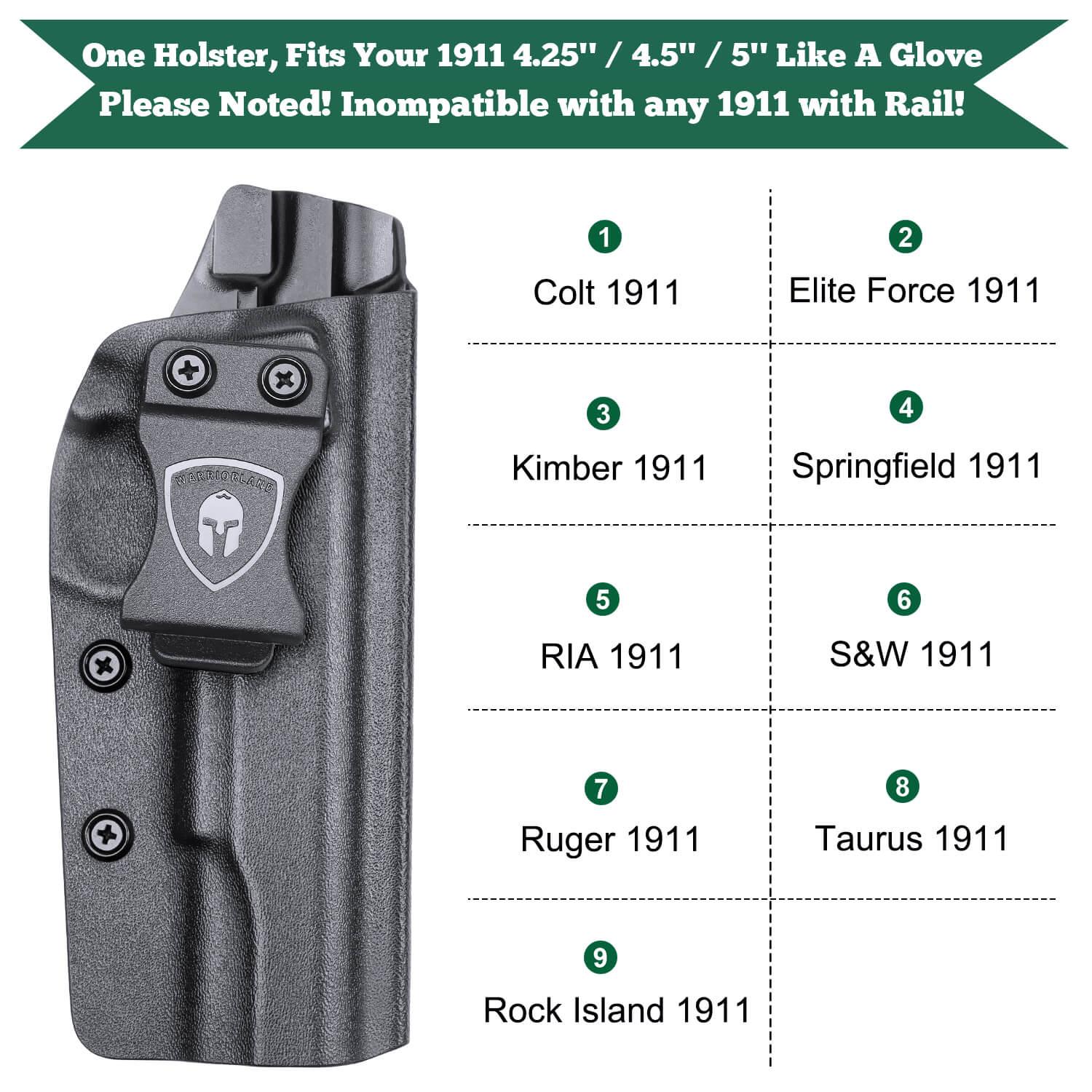 IWB Kydex Holster for 1911 .45 ACP Pistol No Rail Concealed Carry Right/ Left Handed | WARRIORLAND WARRIORLAND