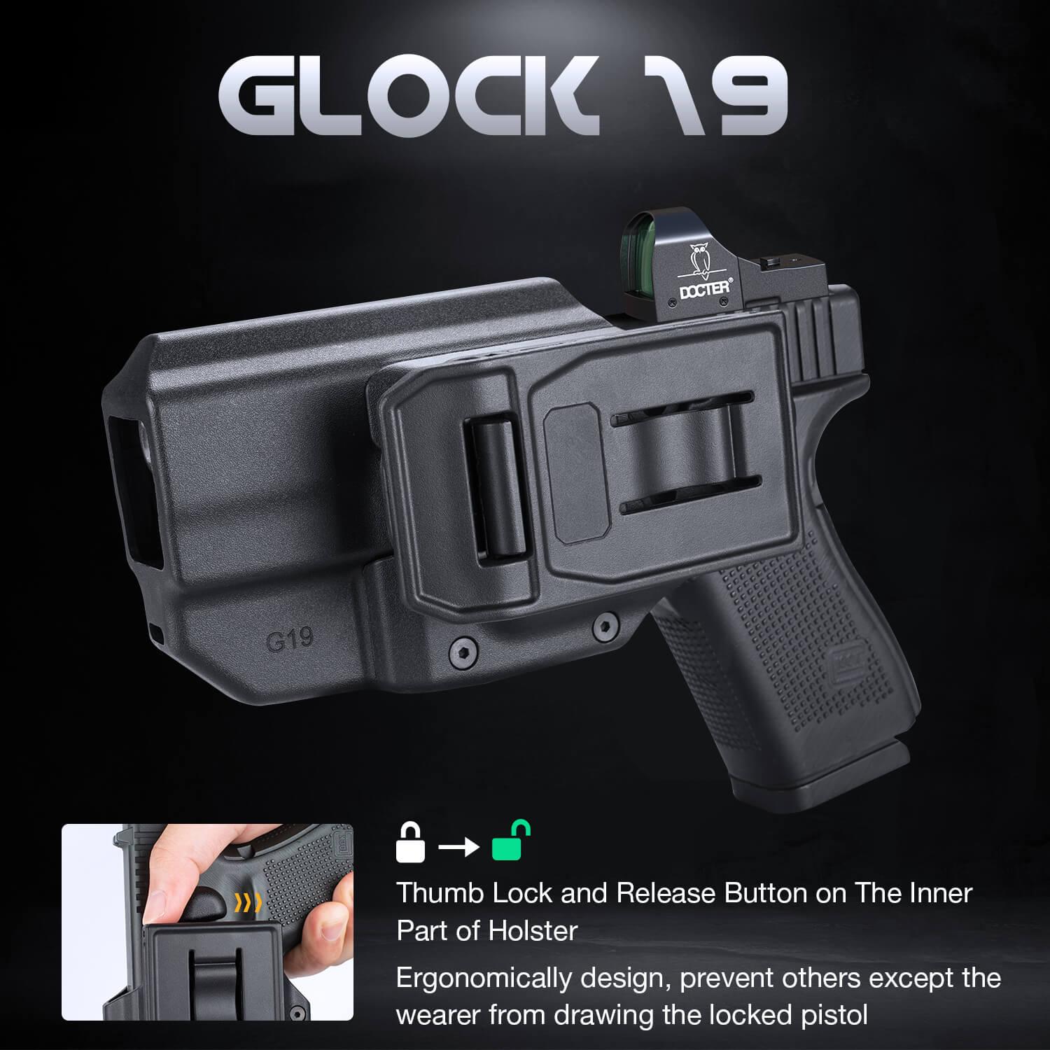 Level II Retention Thumb Release OWB Holster Glock 19/23/32/44 (Gen3-5), G19X/45 Polymer Holster with Red Dot Optics Cut WARRIORLAND