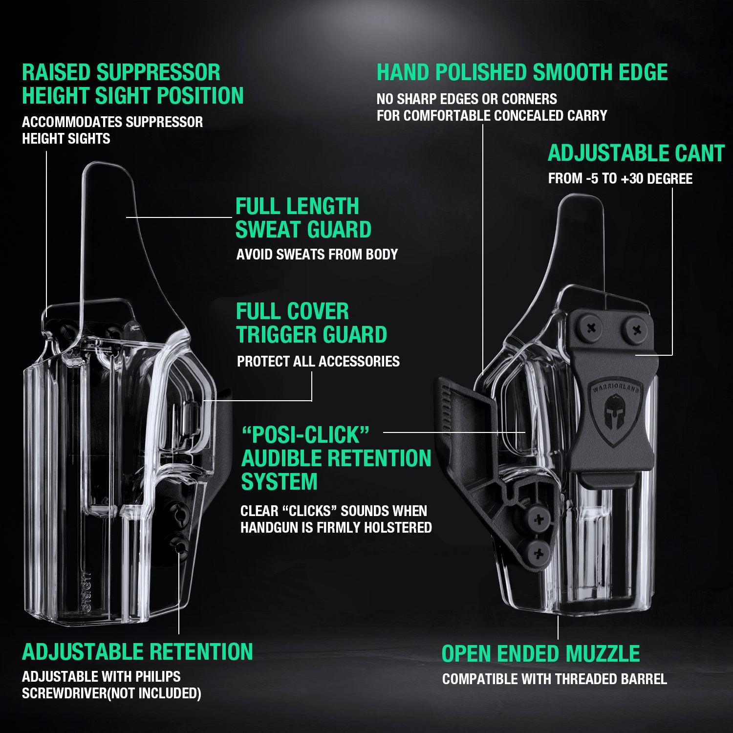 Clear Polymer IWB Holsters with Claw Glock 17/19/26/G34 Gen3-5、Glock 17/19 Gen 4-5 MOS、Glock G26/G34Gen5 MOS ,G23/G34Gen5 MOS G23/G32 Gen3-4 G19X  G44  G45  G45 MOS Red Dot Optics Cut Appendix Concealment Carry Trigger Guard | WARRIORLAND WARRIORLAND